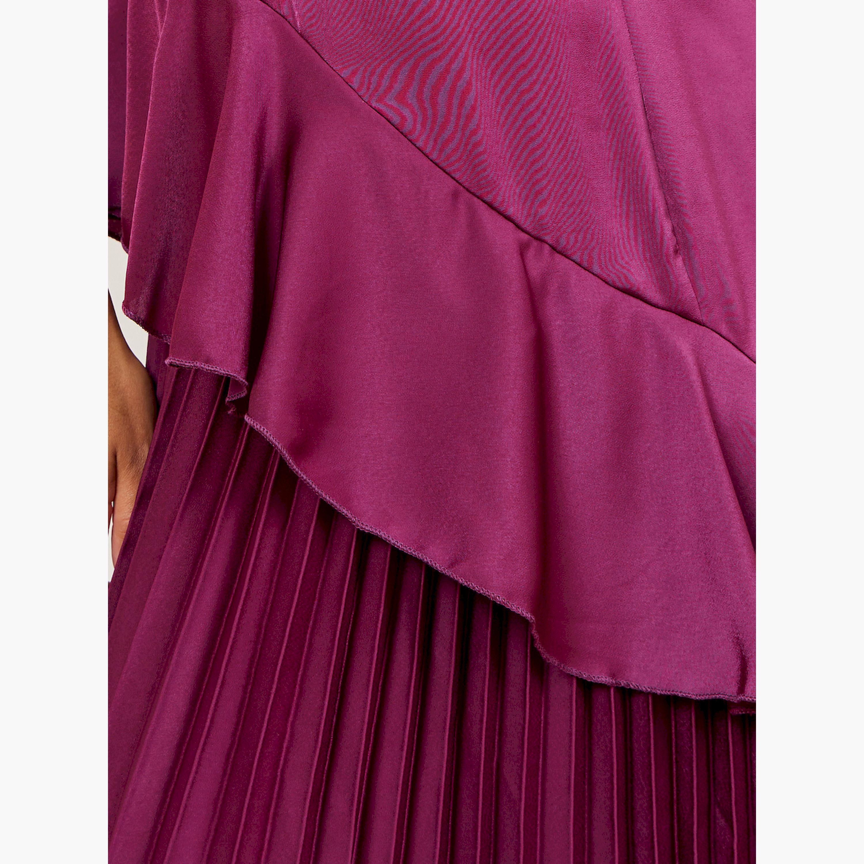 Styli Burgundy Balloon Sleeves Pleated Maxi Dress-women-clothing-dresses-image-5