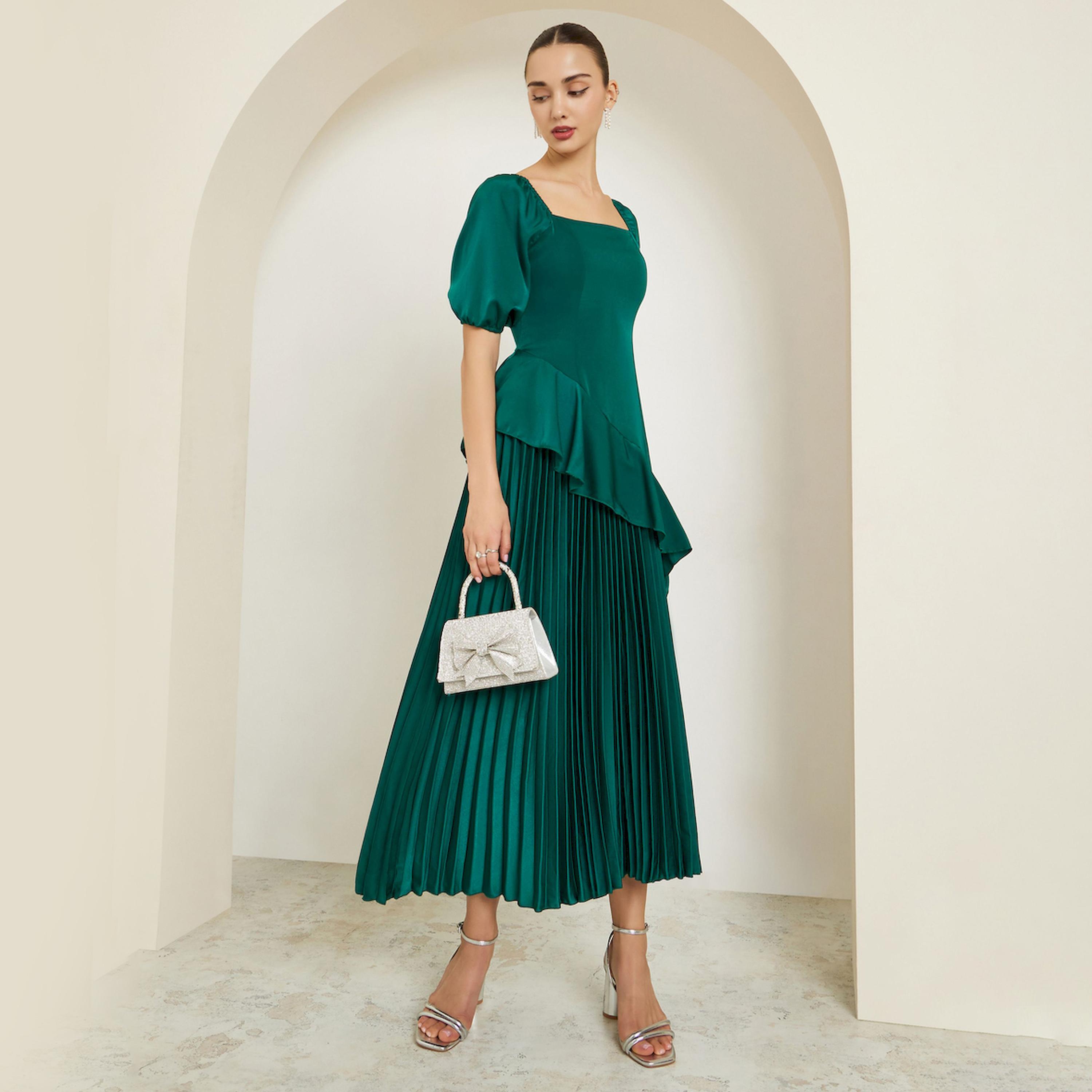 Styli Green Puff Sleeves Pleated A-Line Maxi Dress-women-clothing-dresses-image-1