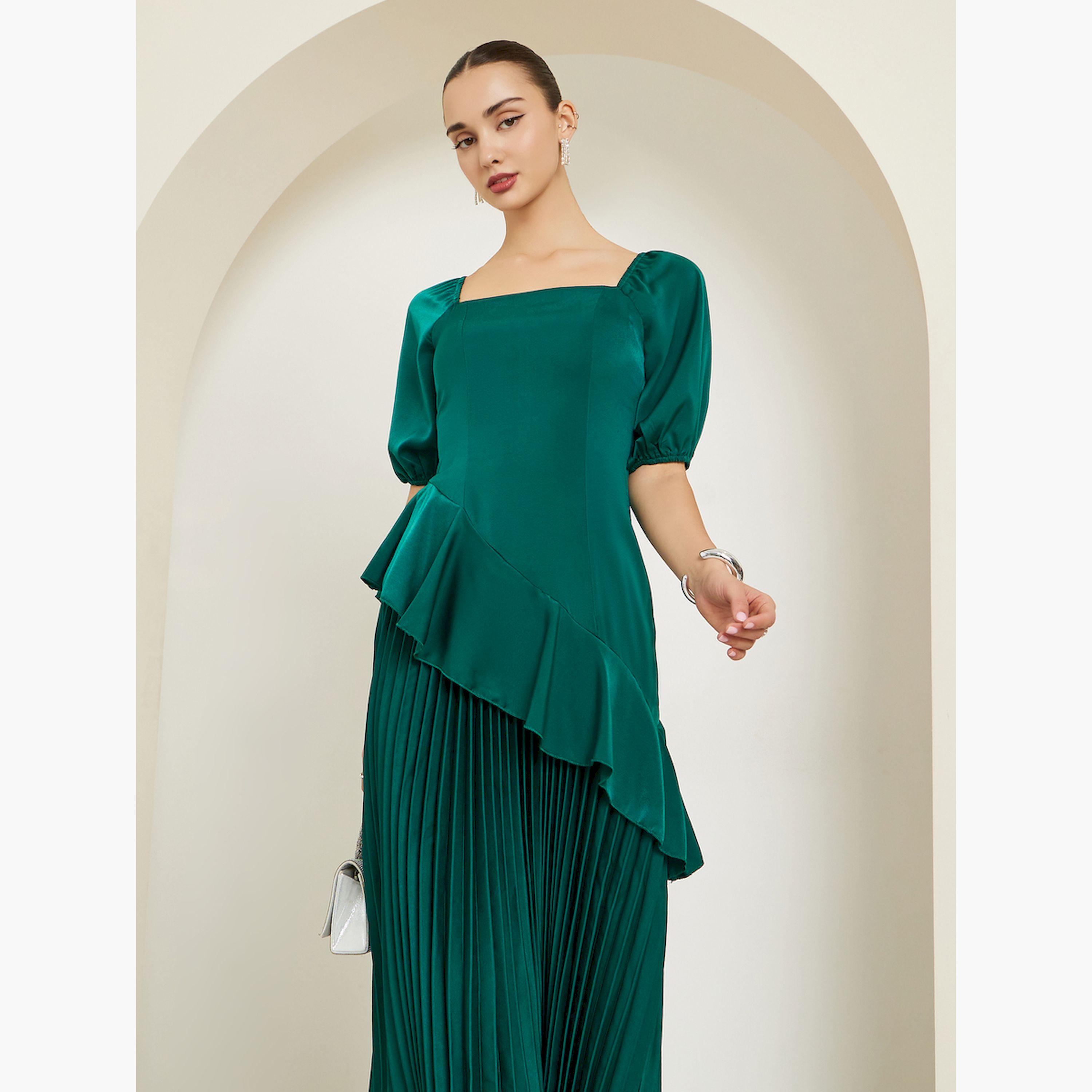 Styli Green Puff Sleeves Pleated A-Line Maxi Dress-women-clothing-dresses-image-2