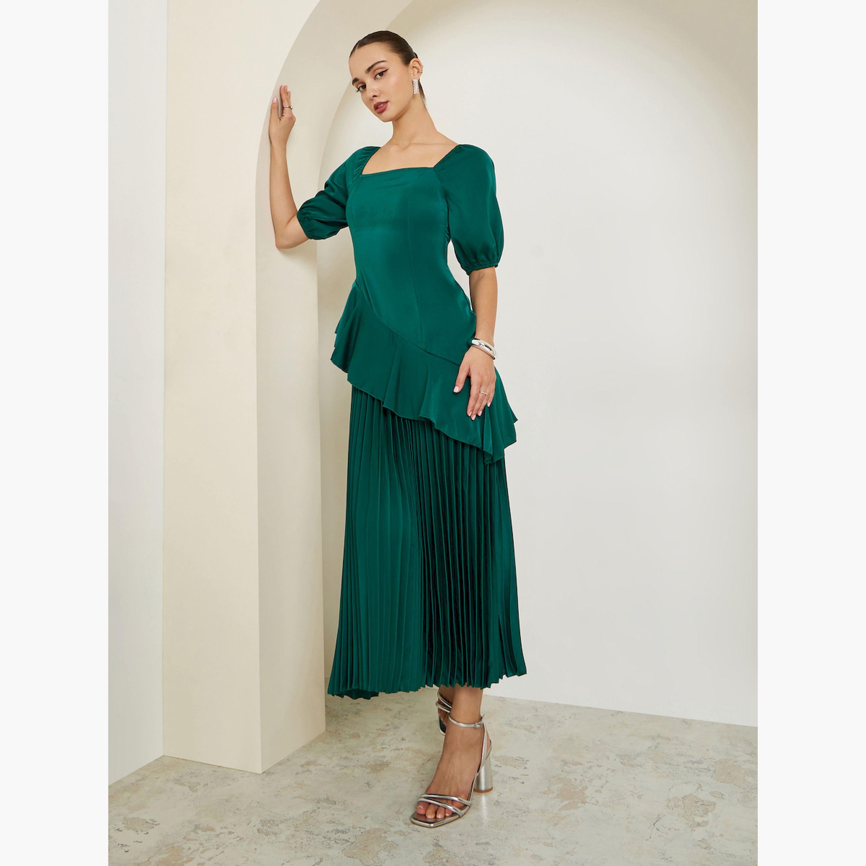 Styli Green Puff Sleeves Pleated A-Line Maxi Dress-women-clothing-dresses-image-3