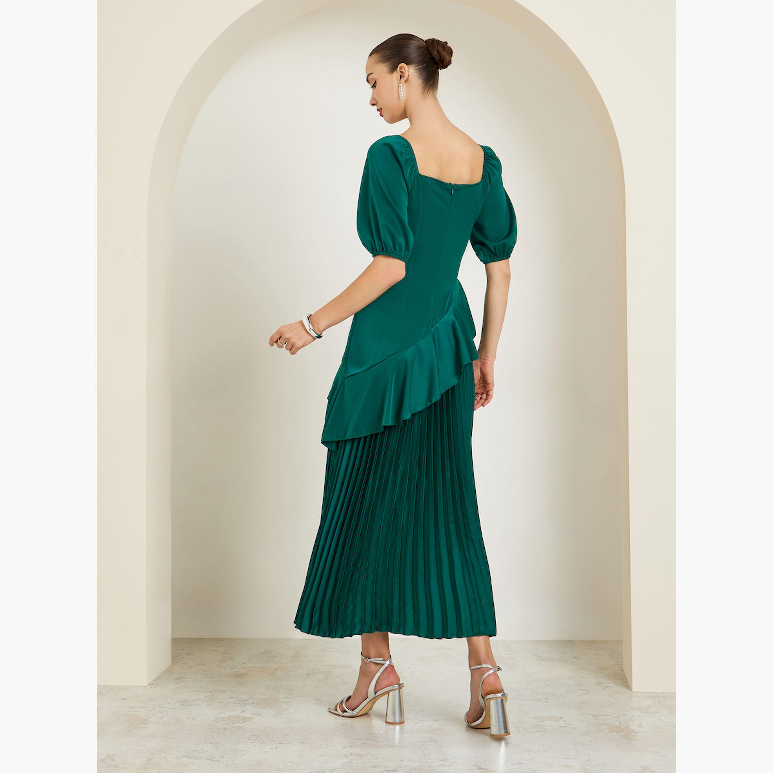 Styli Green Puff Sleeves Pleated A-Line Maxi Dress-women-clothing-dresses-image-4