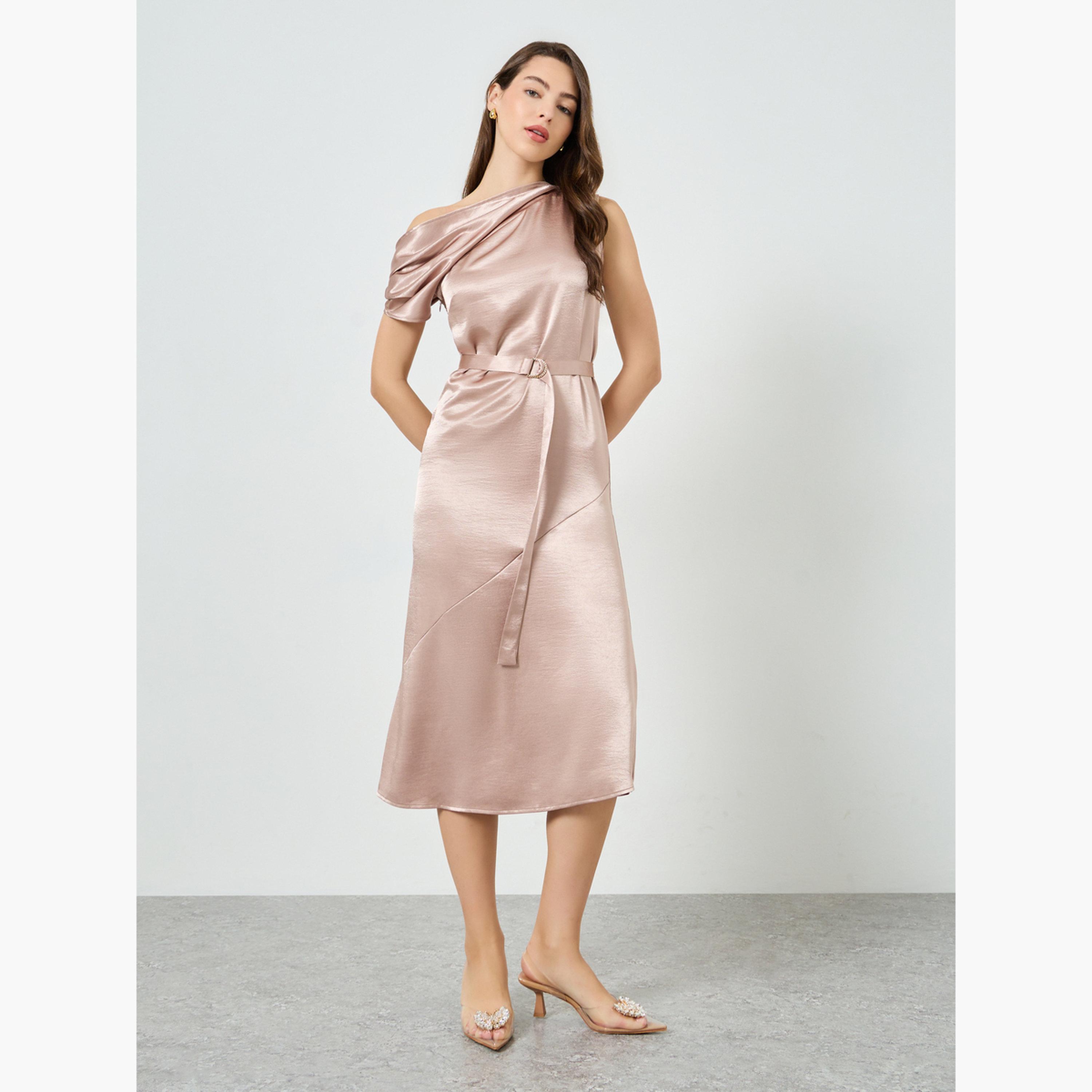 فستان ميدي ساتان بكتف واحد وحافة واسعة-women-clothing-dresses-image-1