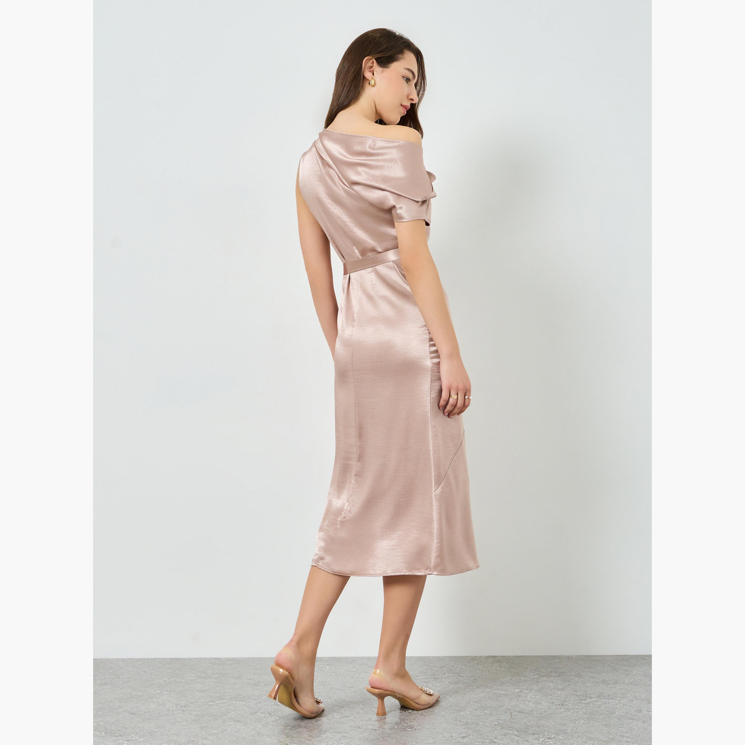 Styli Women Beige Satin One Shoulder A-Line Midi Dress-women-clothing-dresses-image-3
