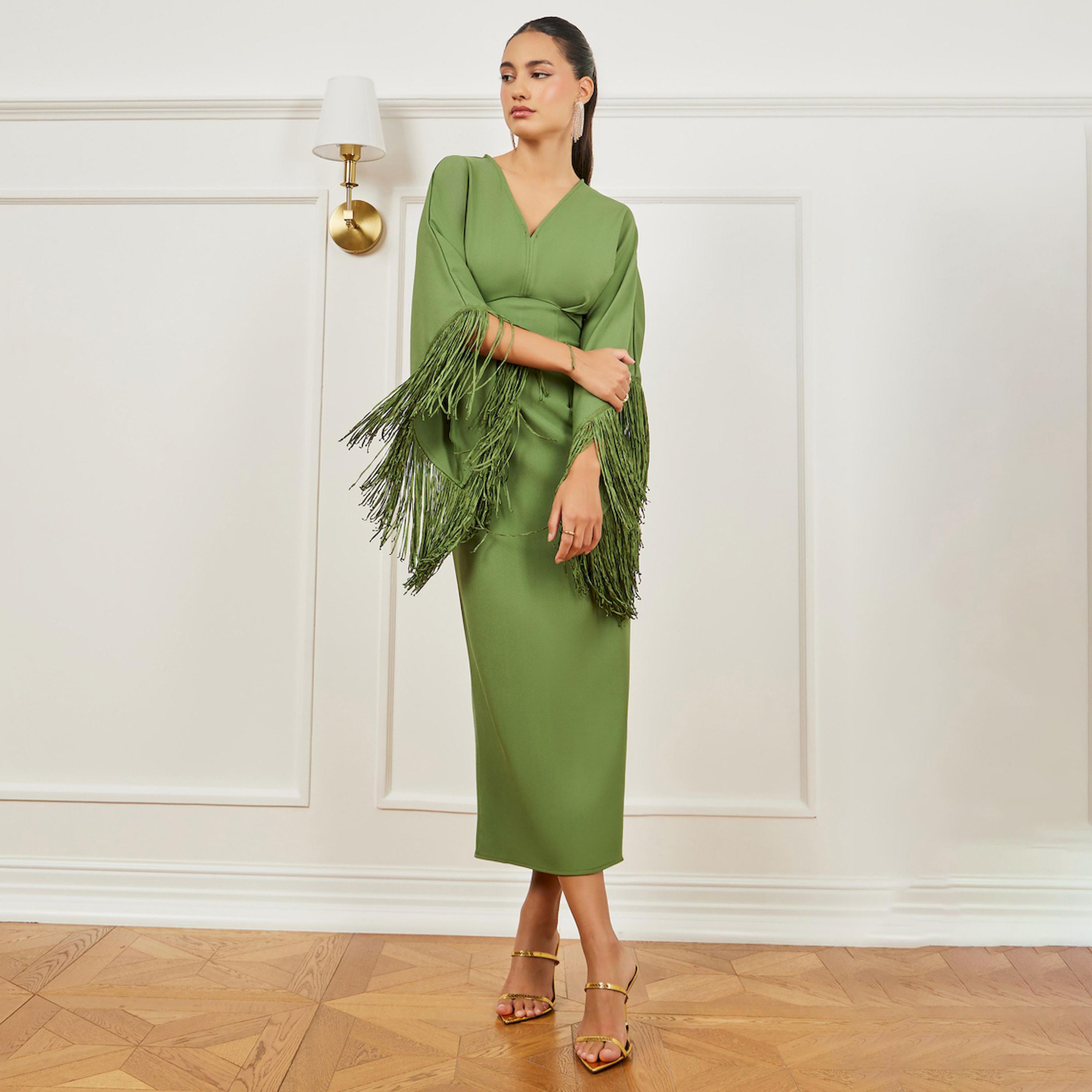 فستان ميدي ضيق بأكمام شراشيب-women-clothing-dresses-image-1