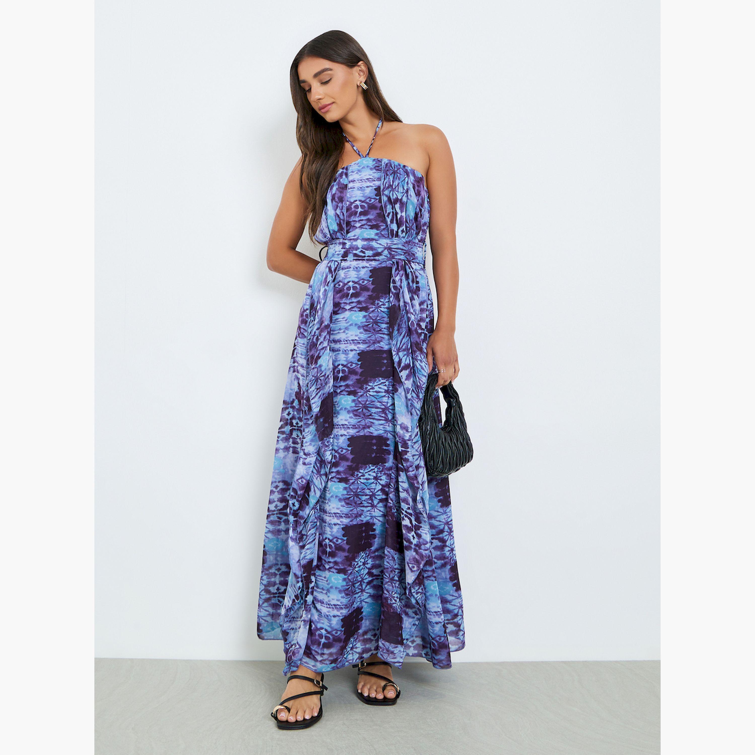 Styli Women Blue Printed Sleeveless A-Line Maxi Dress-women-clothing-dresses-image-1