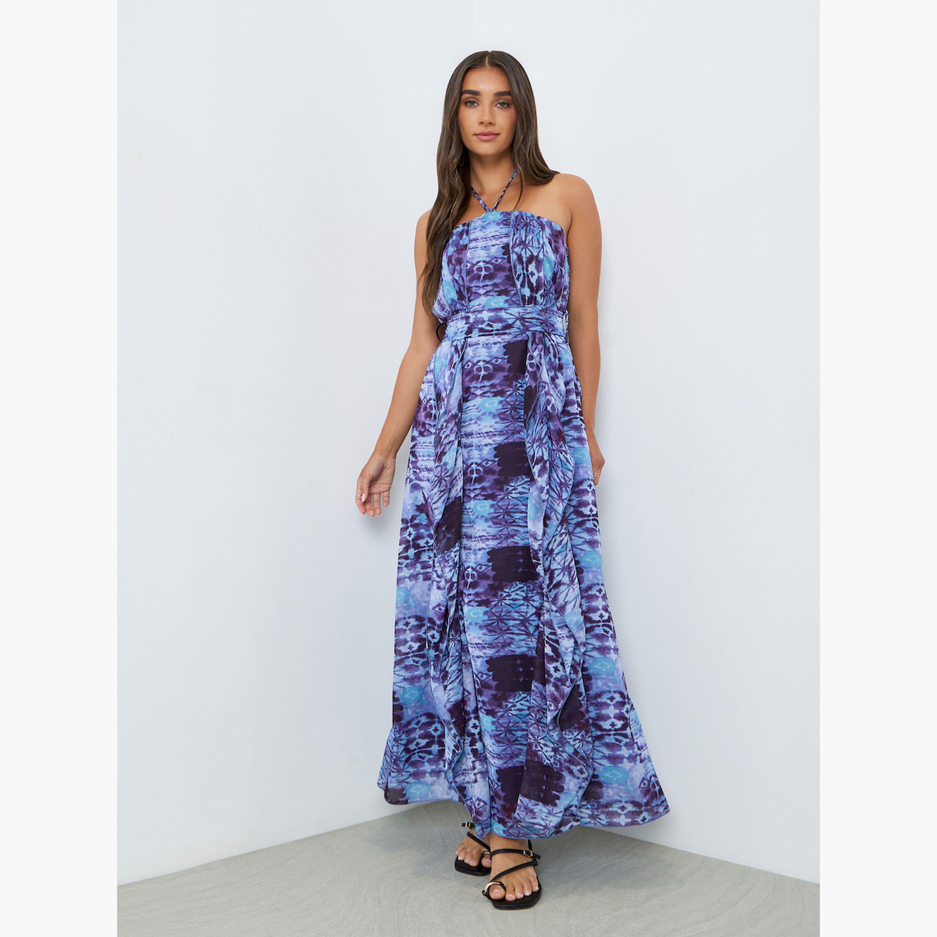 Styli Women Blue Printed Sleeveless A-Line Maxi Dress-women-clothing-dresses-image-3