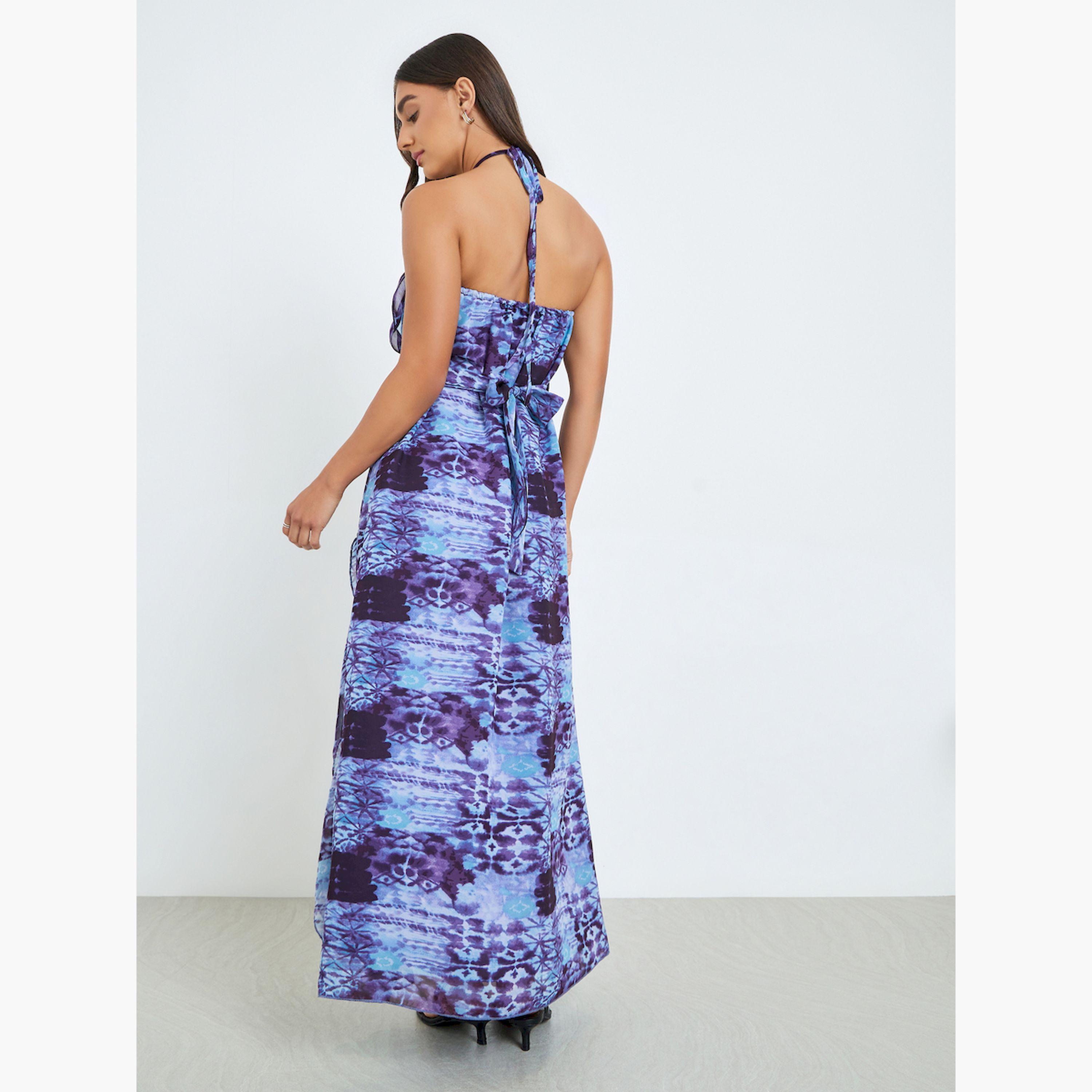 Styli Women Blue Printed Sleeveless A-Line Maxi Dress-women-clothing-dresses-image-4