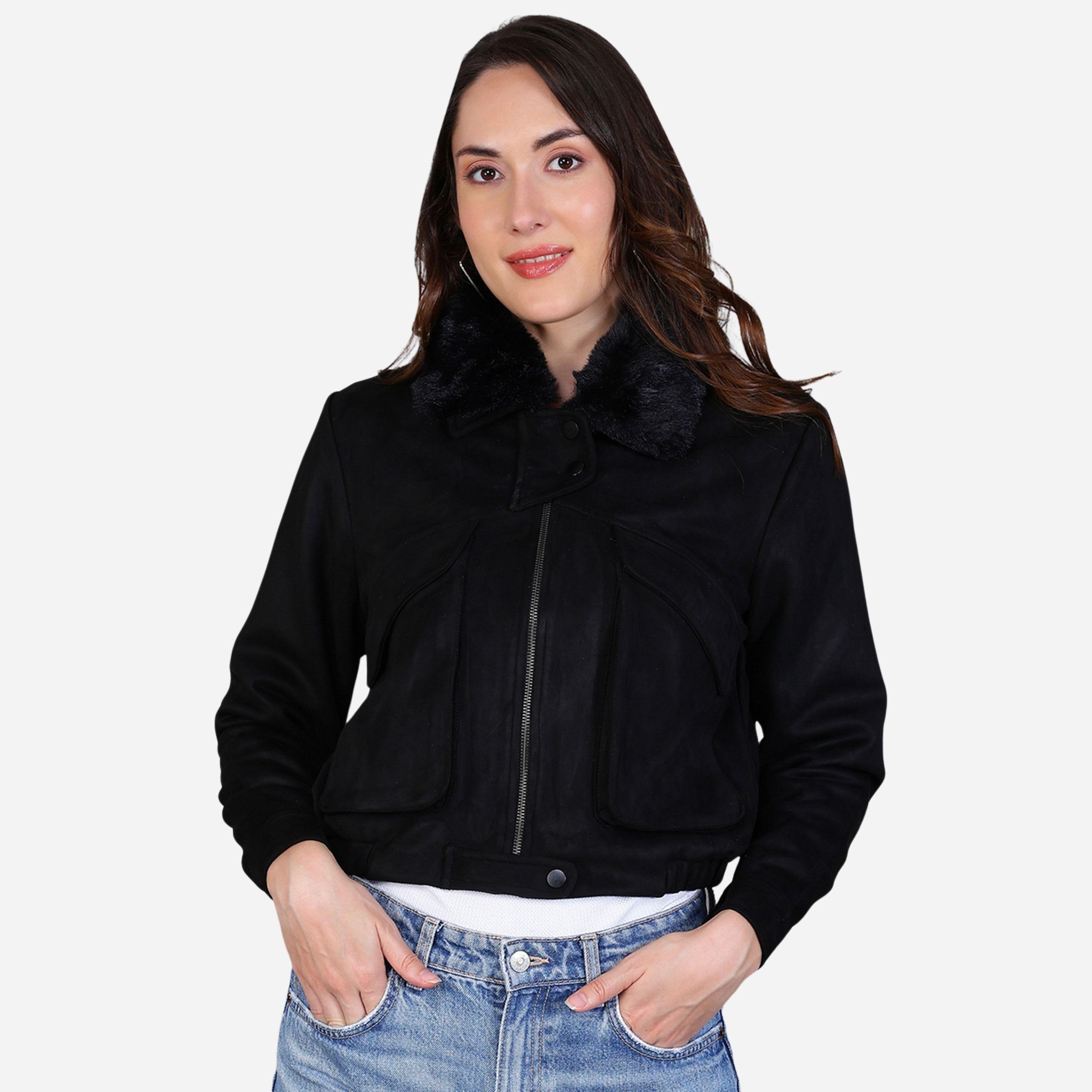 Fort Collins Women Black Faux Suede Jacket with Fur Collar-women-winterwear-coatsandjackets-jackets-image-1