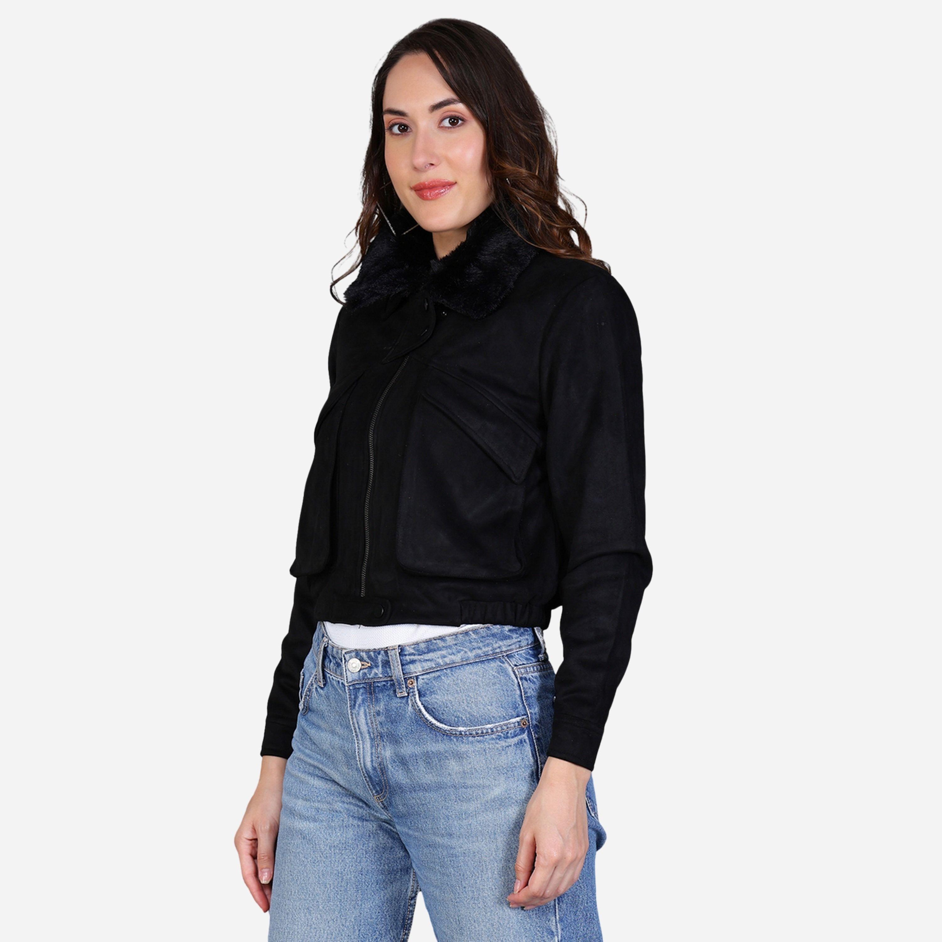 Fort Collins Women Black Faux Suede Jacket with Fur Collar-women-winterwear-coatsandjackets-jackets-image-3