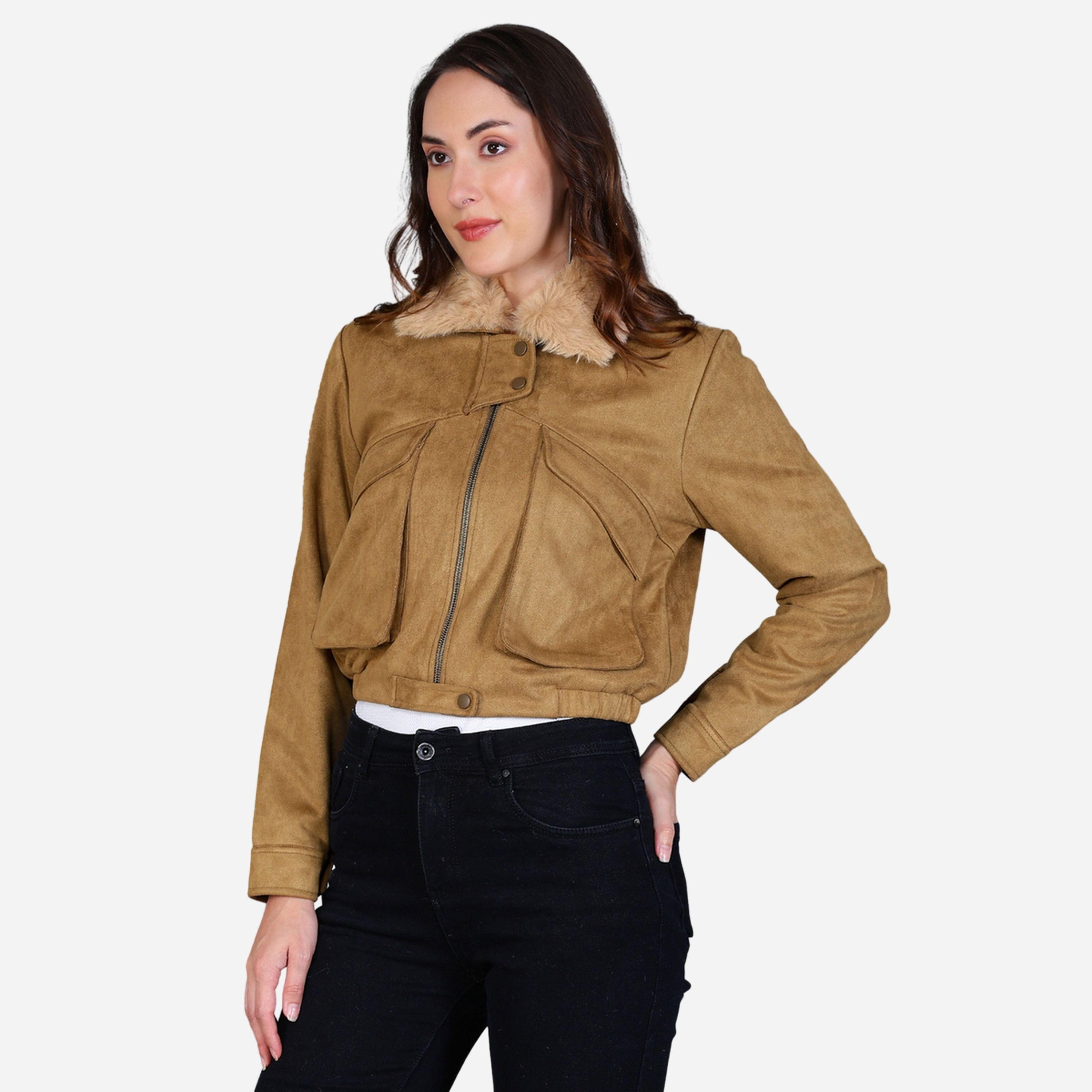 Fort Collins Women Beige Faux Suede Jacket with Fur Collar-women-winterwear-coatsandjackets-jackets-image-3