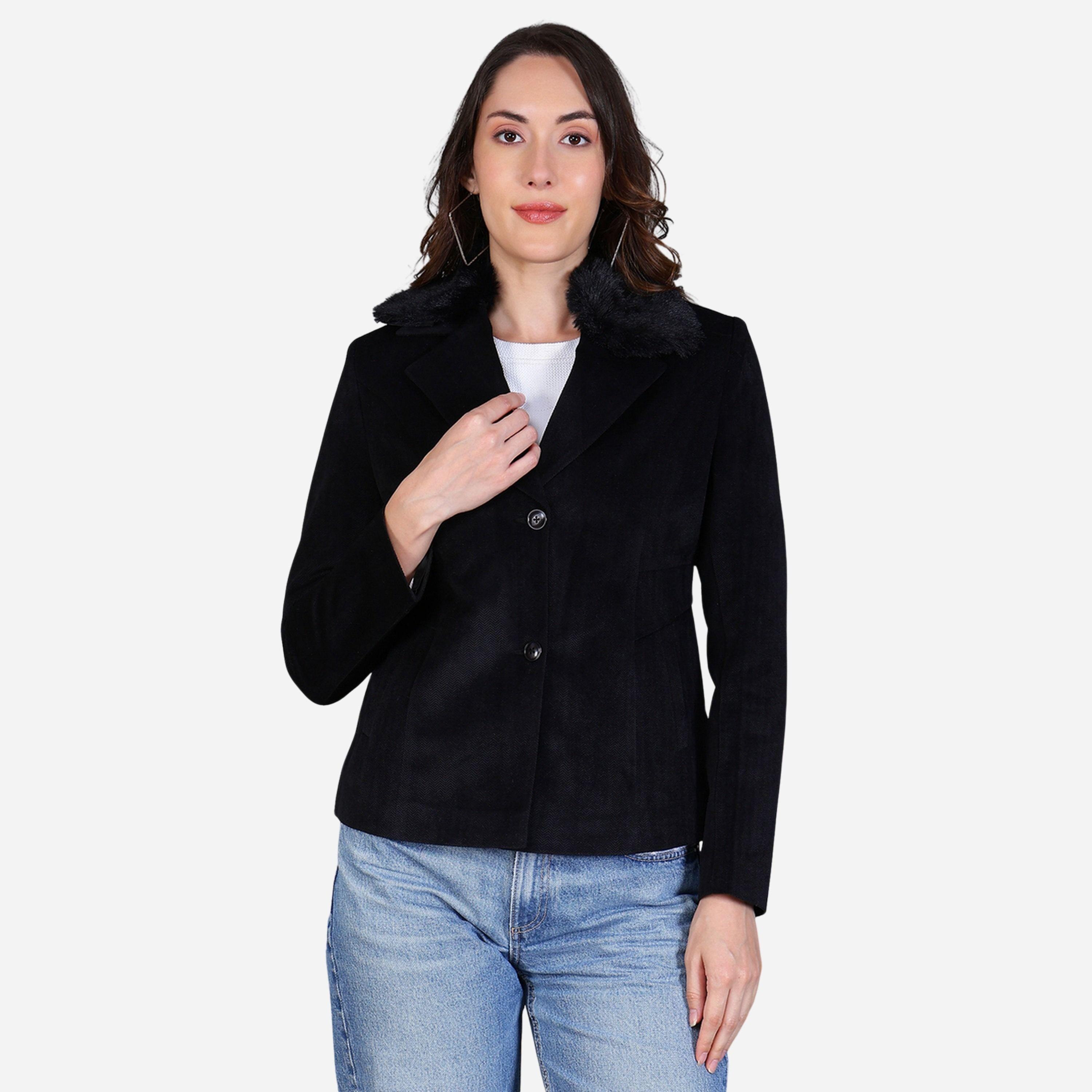 فورت كولينز - بليزر نسائي لون أسود بأزرار وياقة من الفرو الصناعي-women-clothing-coatsandjackets-blazers-image-1