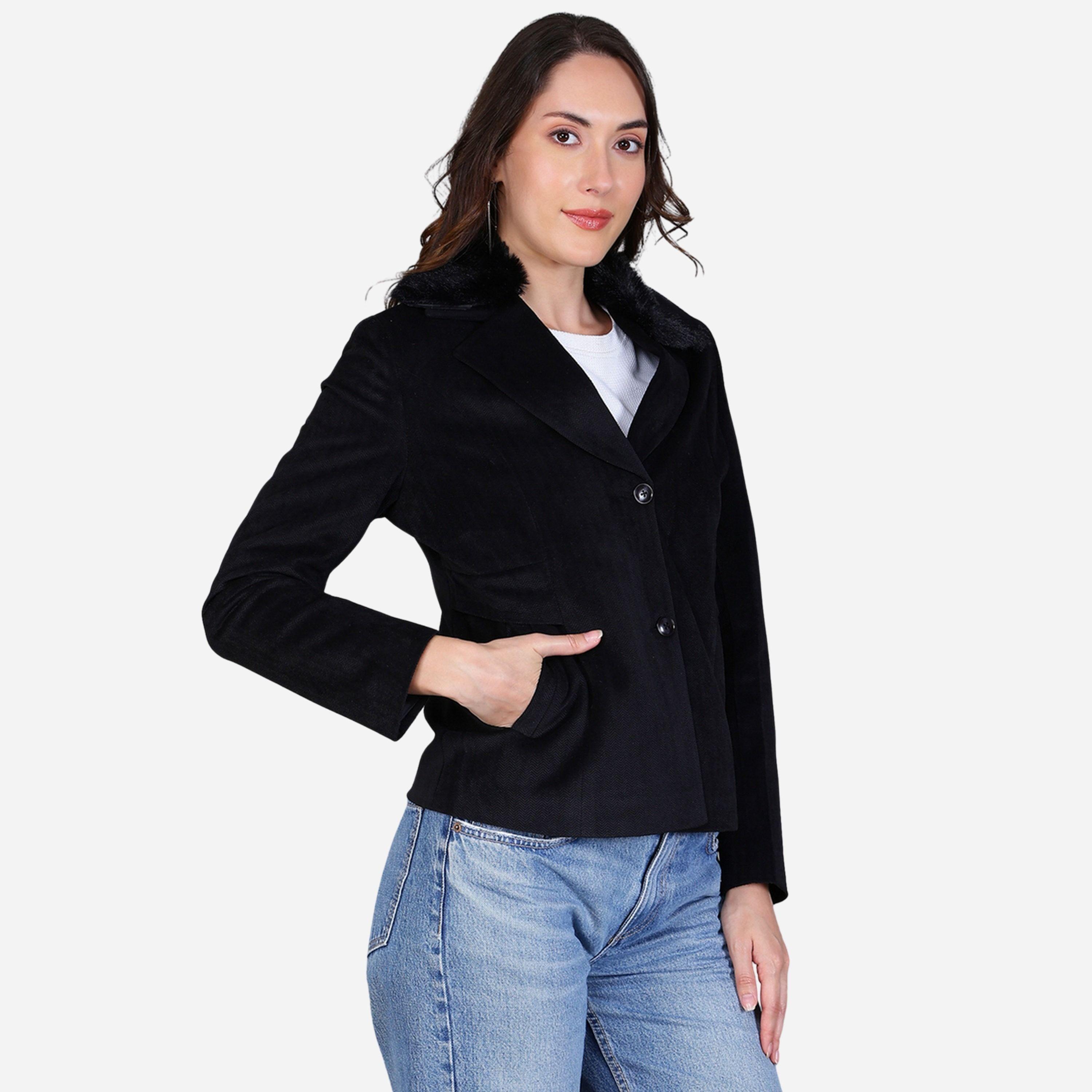 فورت كولينز - بليزر نسائي لون أسود بأزرار وياقة من الفرو الصناعي-women-clothing-coatsandjackets-blazers-image-4