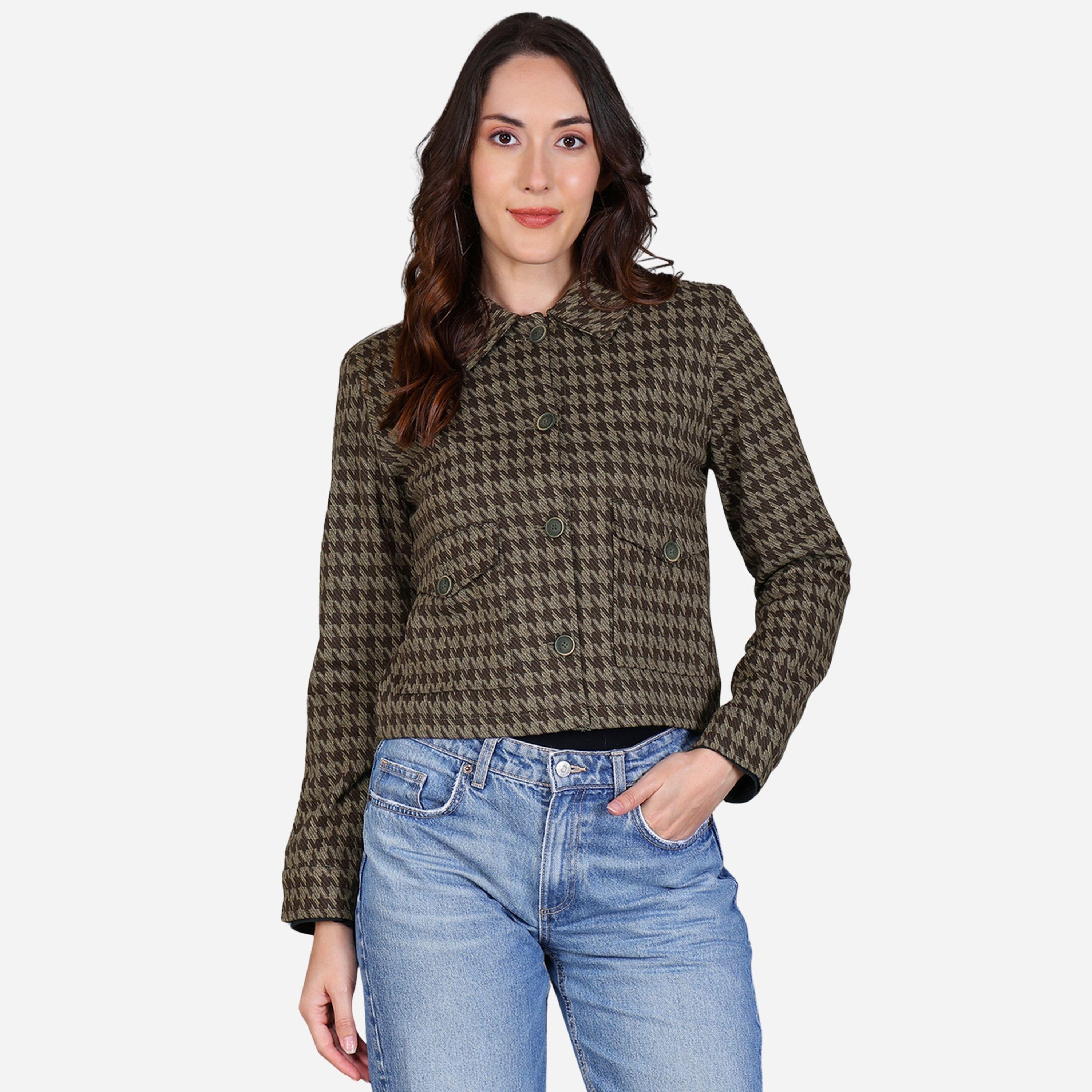 فورت كولينز - جاكيت نسائي بأزرار لون بني طبعة مربعات-women-winterwear-coatsandjackets-jackets-image-1