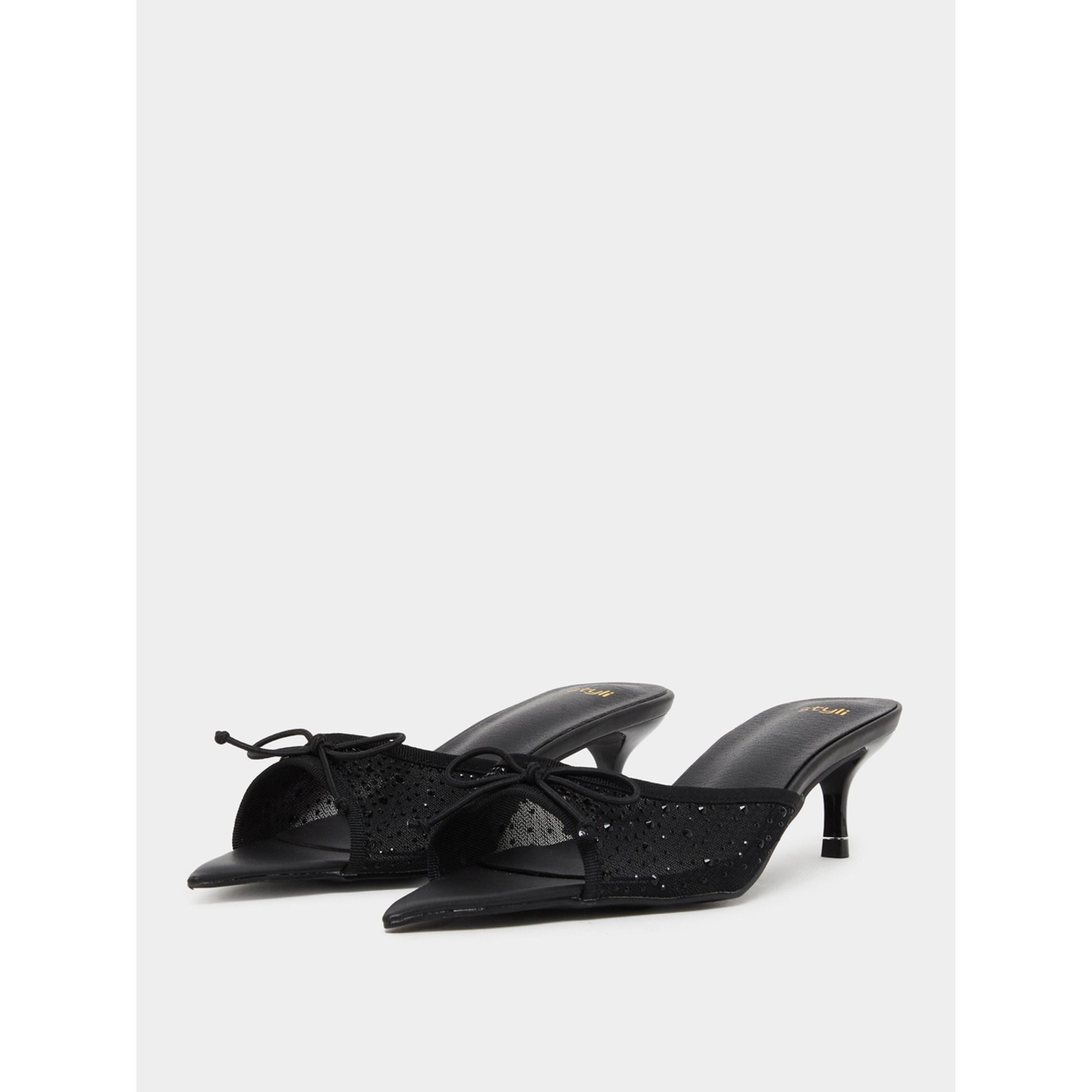 حذاء ميولز نسائي أسود بشبكة وفيونكة وكعب قصير-women-shoes-heels-image-1
