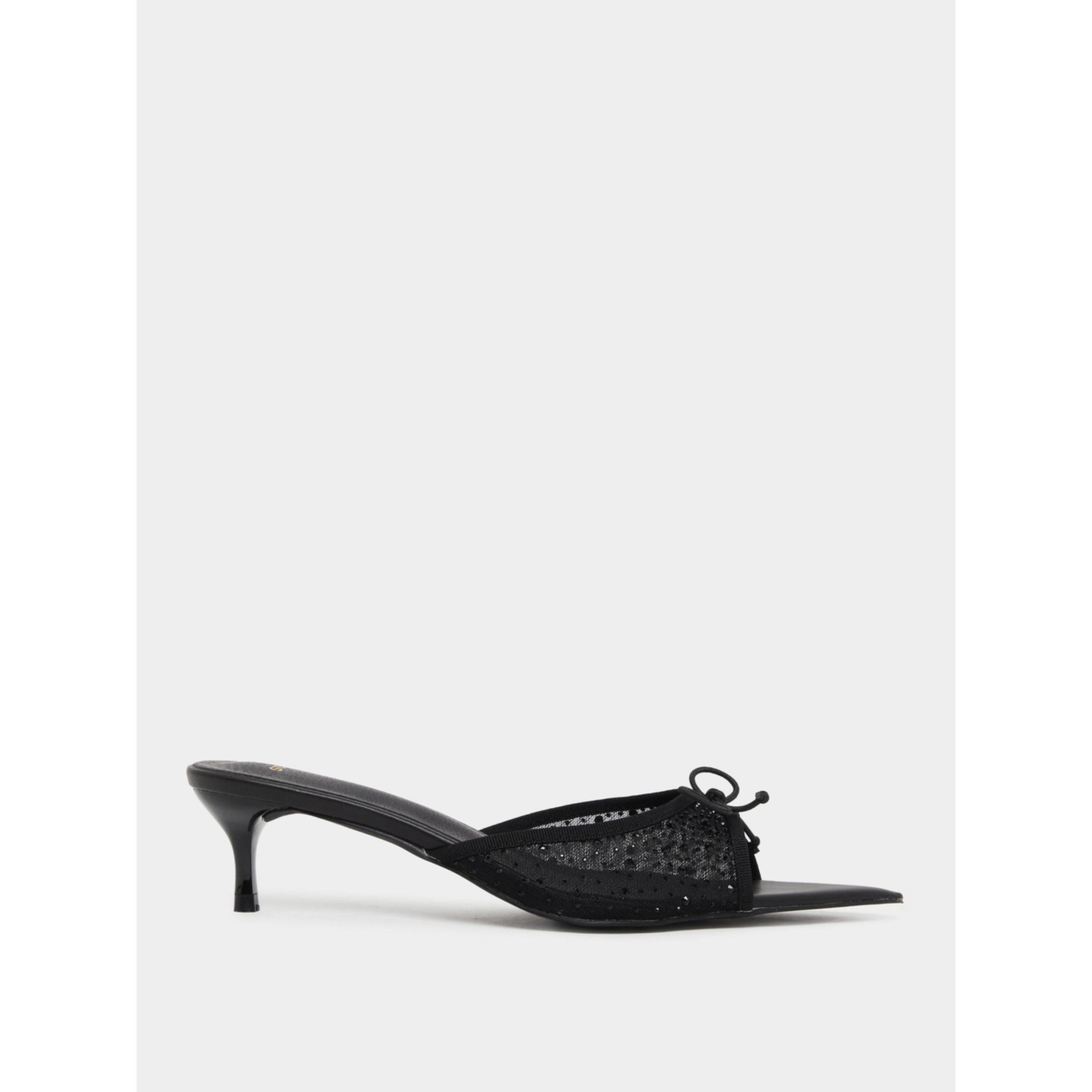حذاء ميولز نسائي أسود بشبكة وفيونكة وكعب قصير-women-shoes-heels-image-2