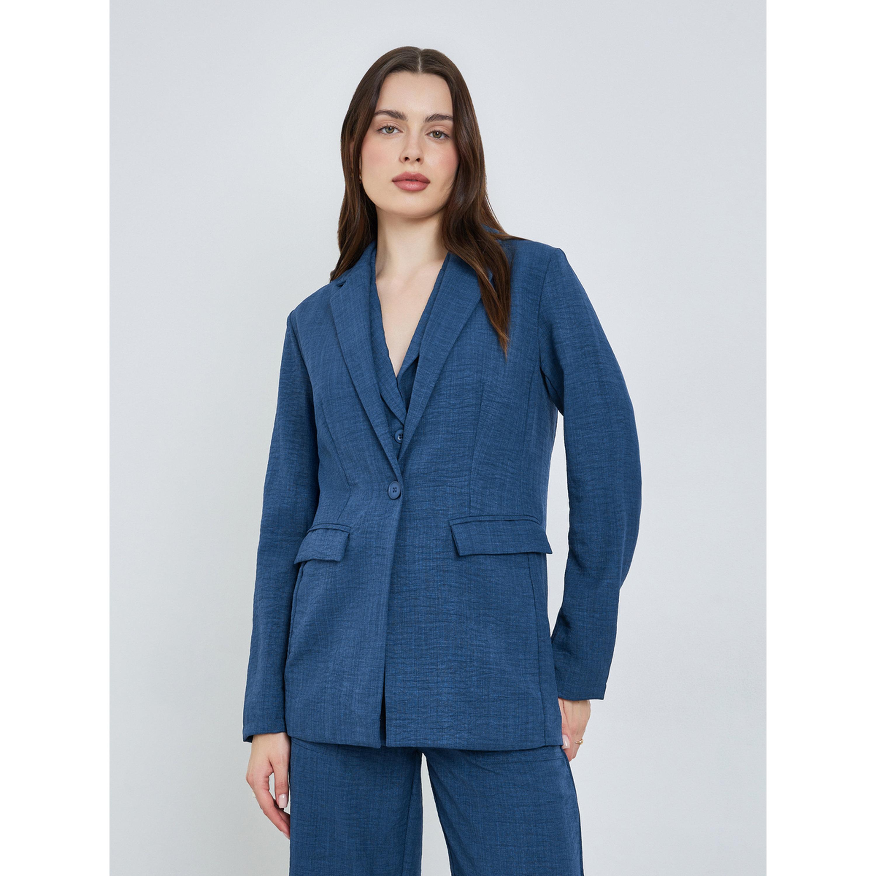 Styli Women Blue Regular Fit Linen Look Blazer-women-clothing-coatsandjackets-blazers-image-1
