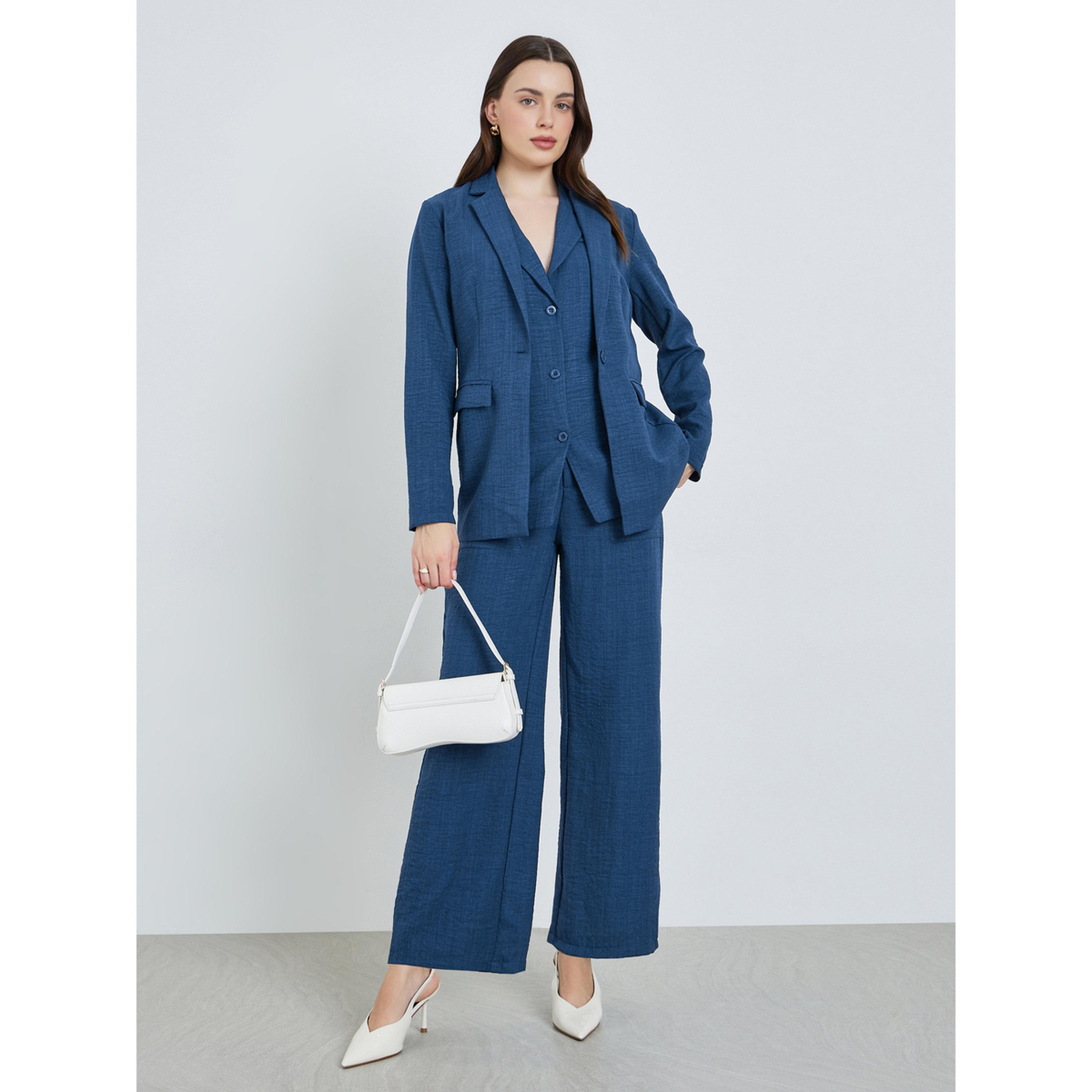 Styli Women Blue Regular Fit Linen Look Blazer-women-clothing-coatsandjackets-blazers-image-2
