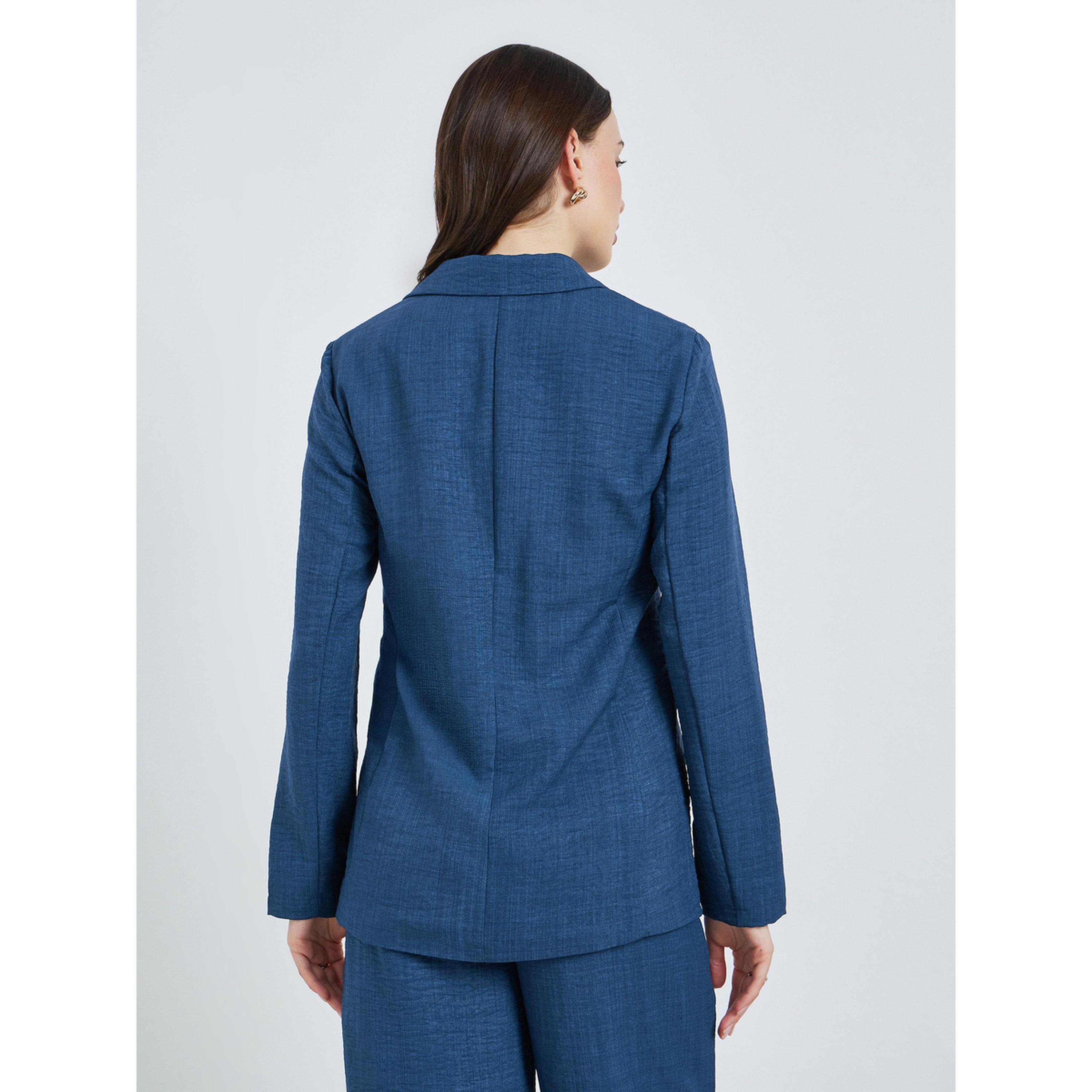 Styli Women Blue Regular Fit Linen Look Blazer-women-clothing-coatsandjackets-blazers-image-4