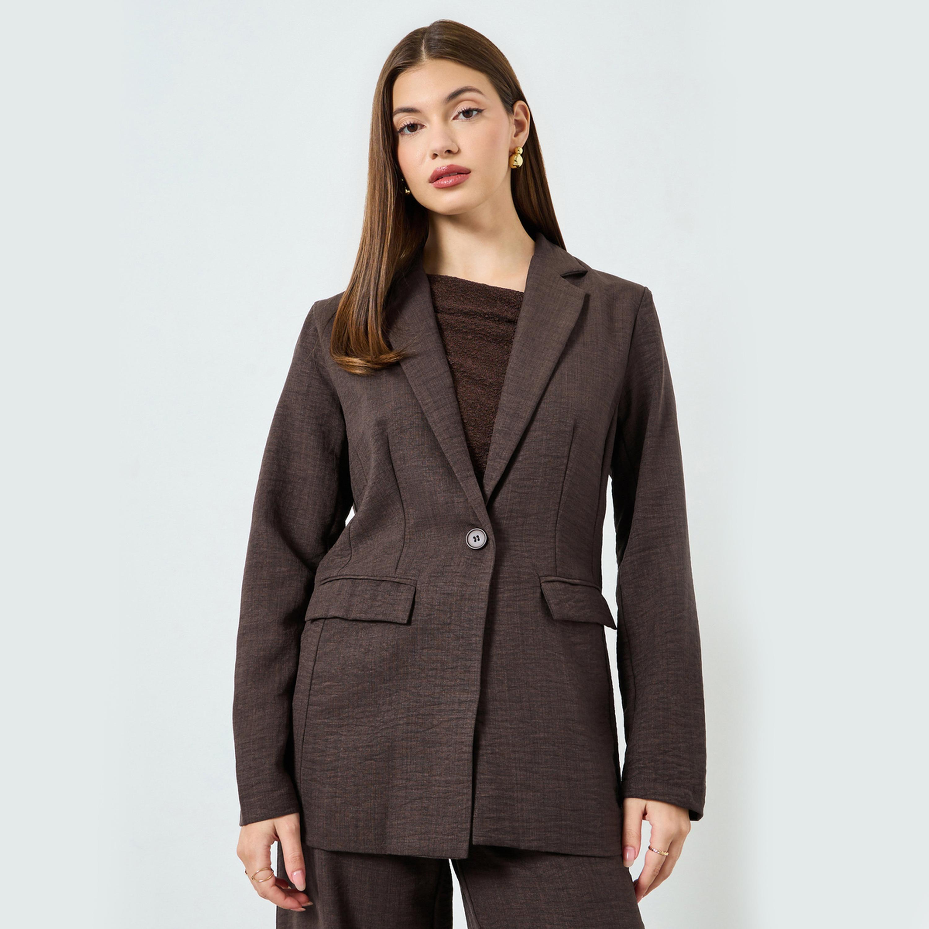 Styli Brown Regular Fit Linen Look Blazer-women-clothing-coatsandjackets-blazers-image-1
