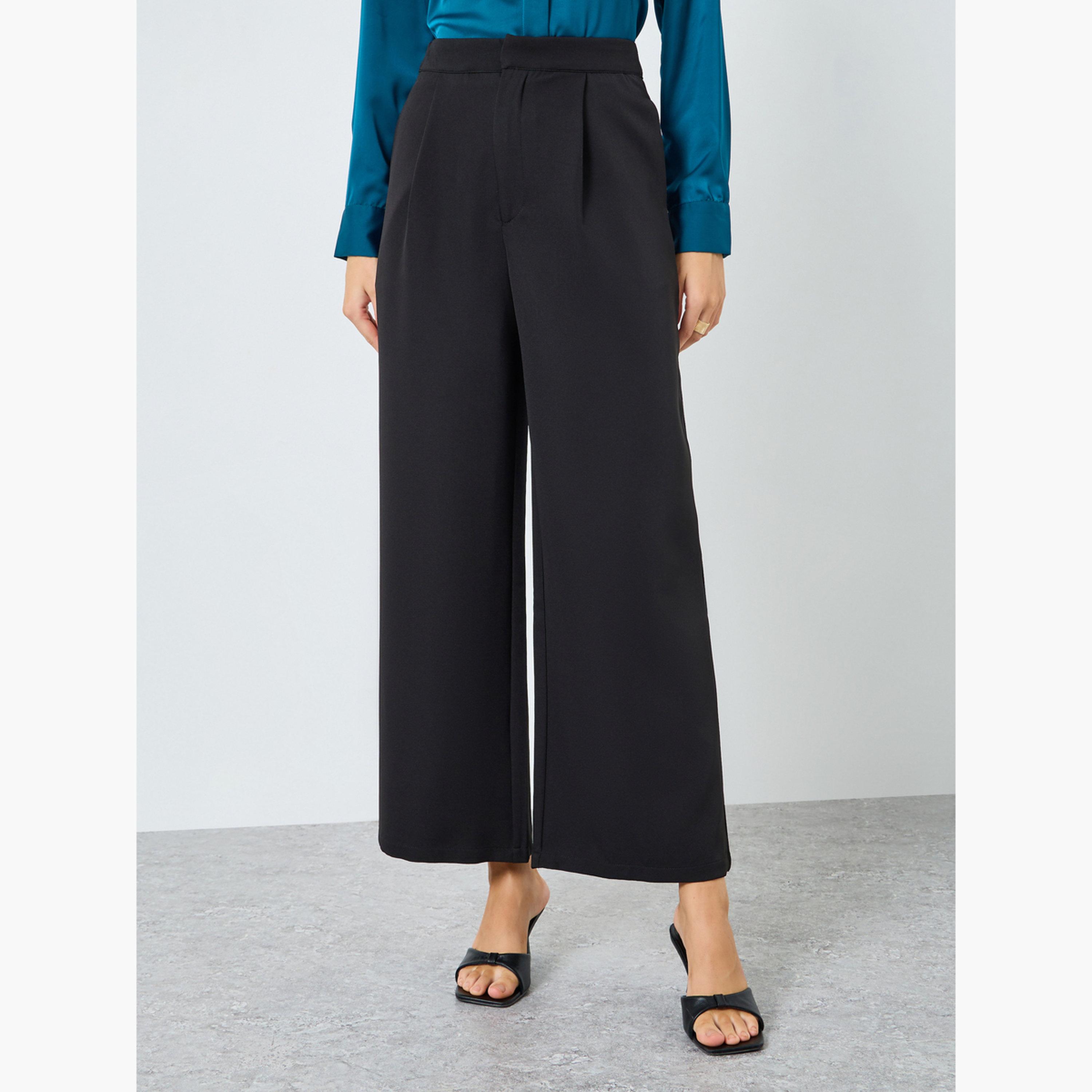 بنطال رسمي بأرجل واسعة وتفاصيل كسرات أمامية-women-clothing-bottoms-trousers-image-1