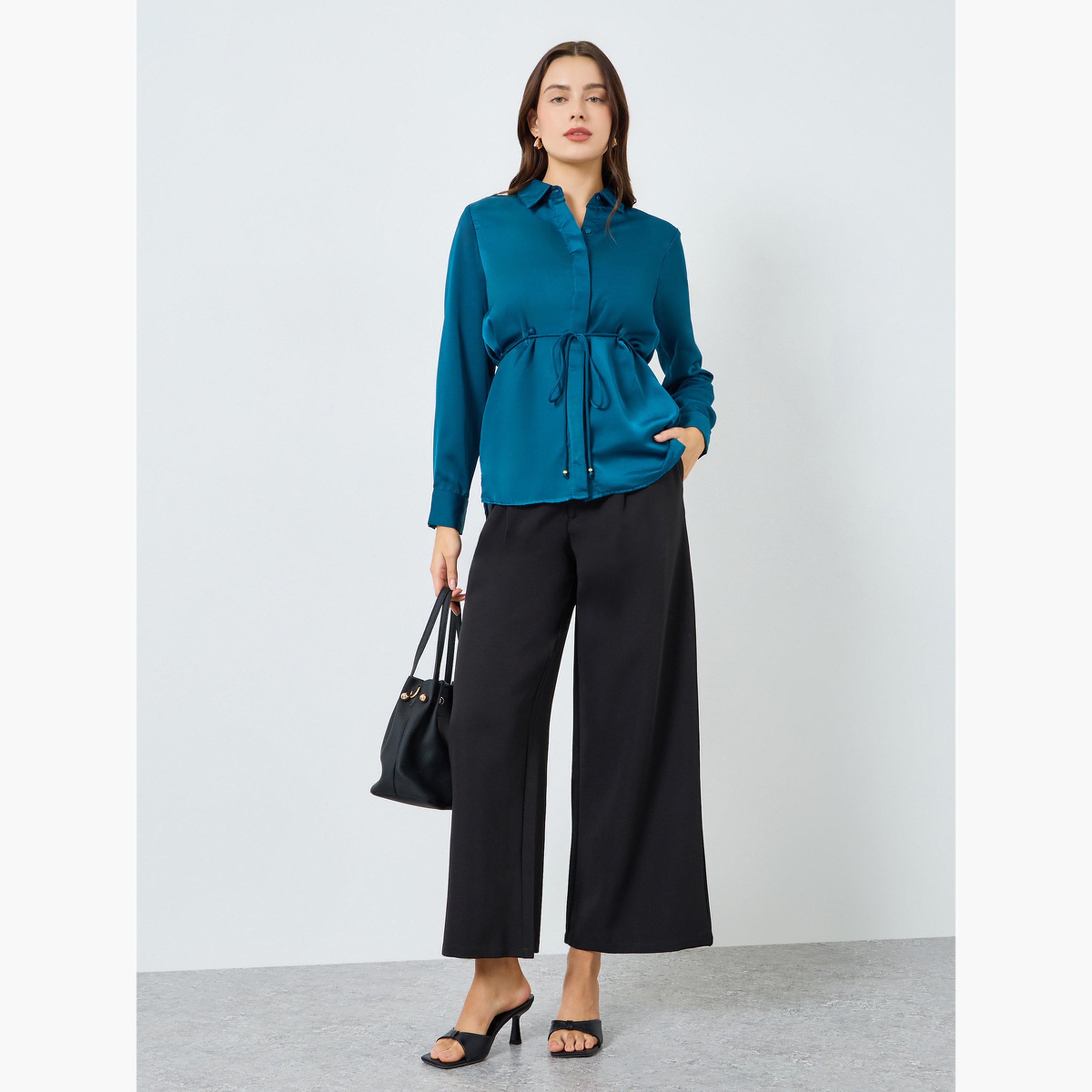 بنطال رسمي بأرجل واسعة وتفاصيل كسرات أمامية-women-clothing-bottoms-trousers-image-2