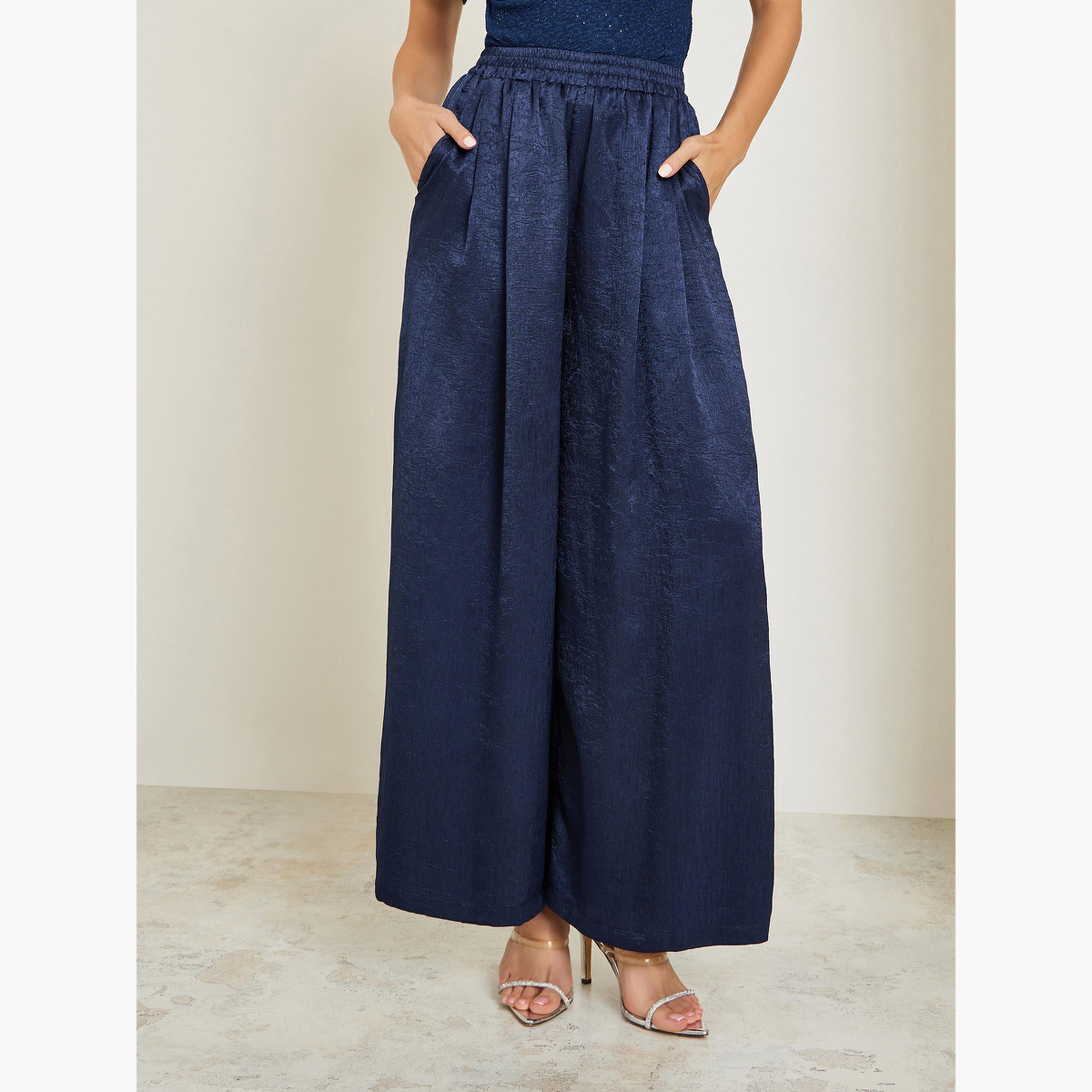 Styli Women Blue Shimmer Wide Leg Trousers-women-clothing-bottoms-trousers-image-1