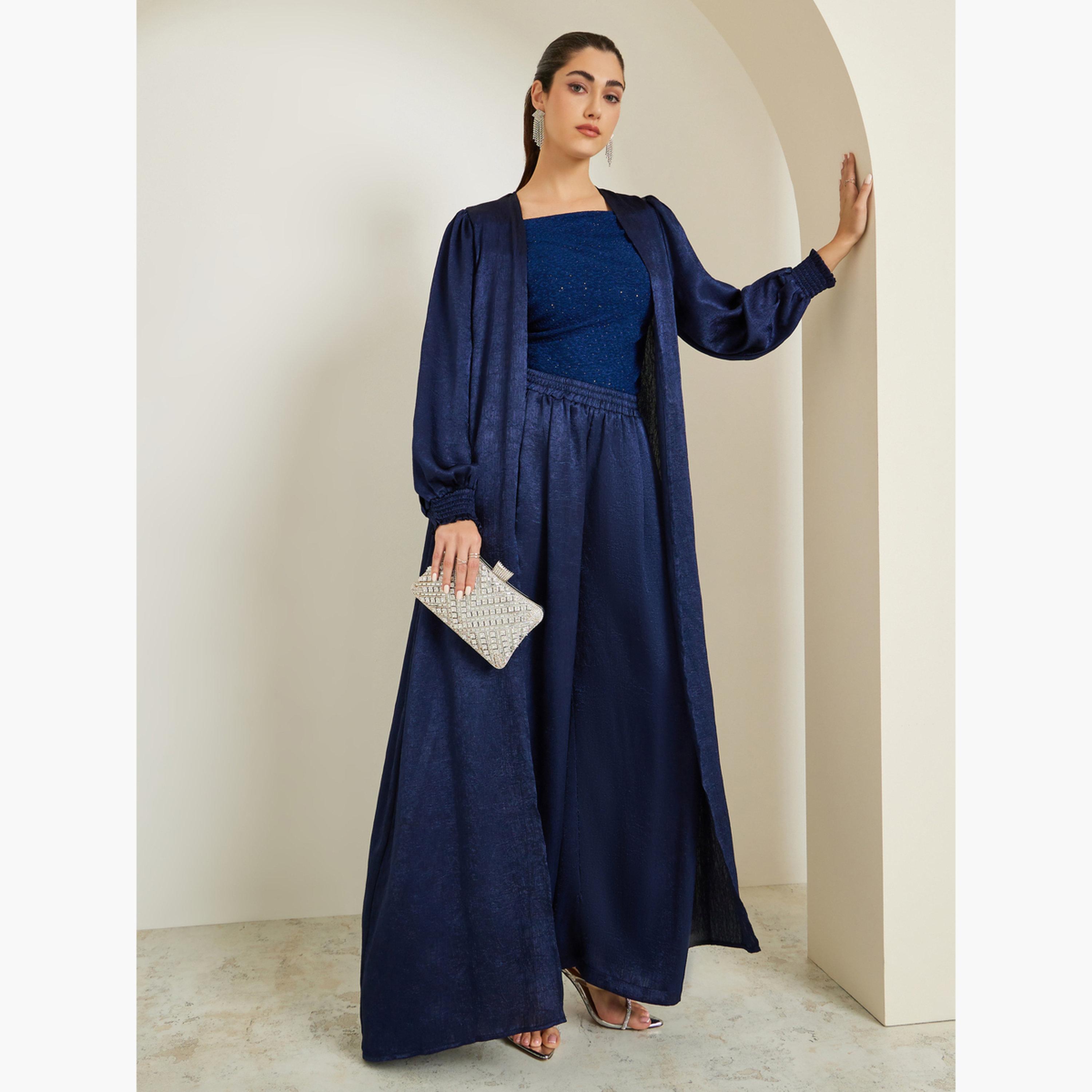 Styli Women Blue Shimmer Wide Leg Trousers-women-clothing-bottoms-trousers-image-2