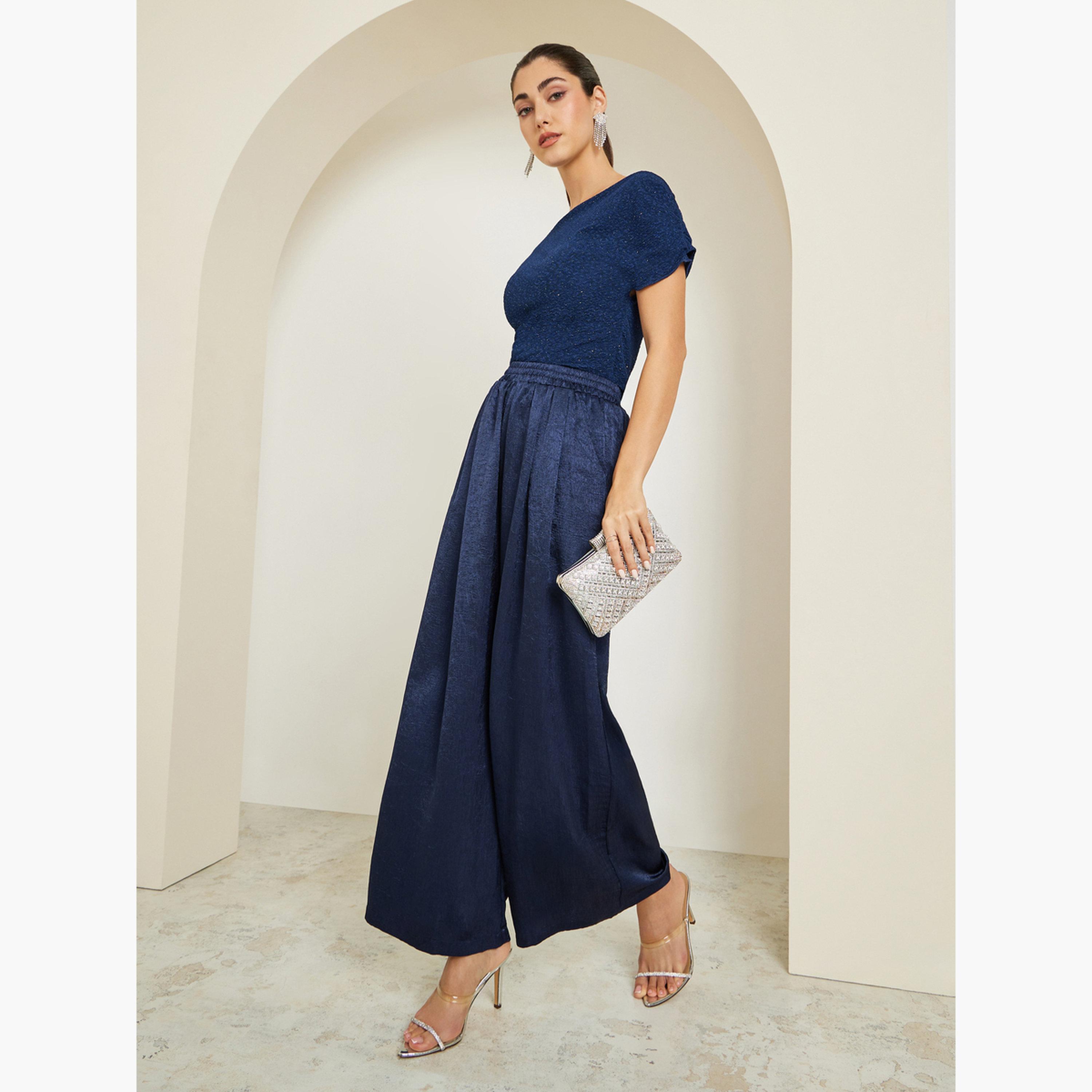 Styli Women Blue Shimmer Wide Leg Trousers-women-clothing-bottoms-trousers-image-3