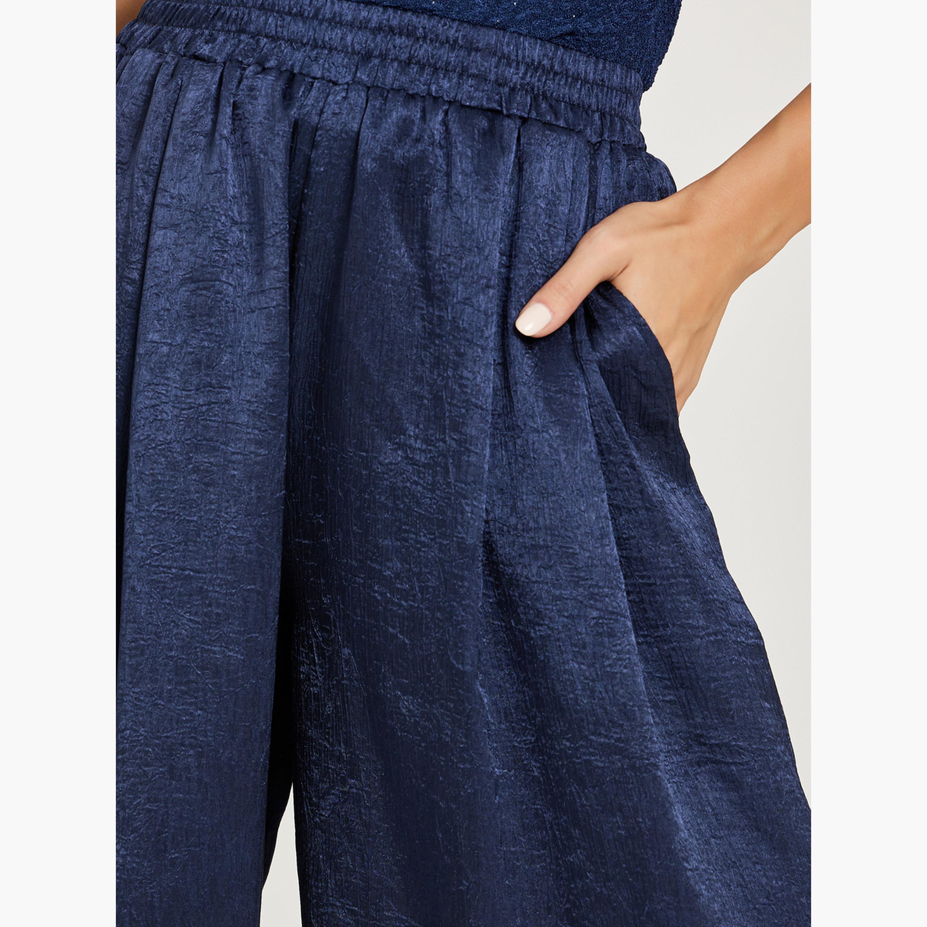Styli Women Blue Shimmer Wide Leg Trousers-women-clothing-bottoms-trousers-image-4