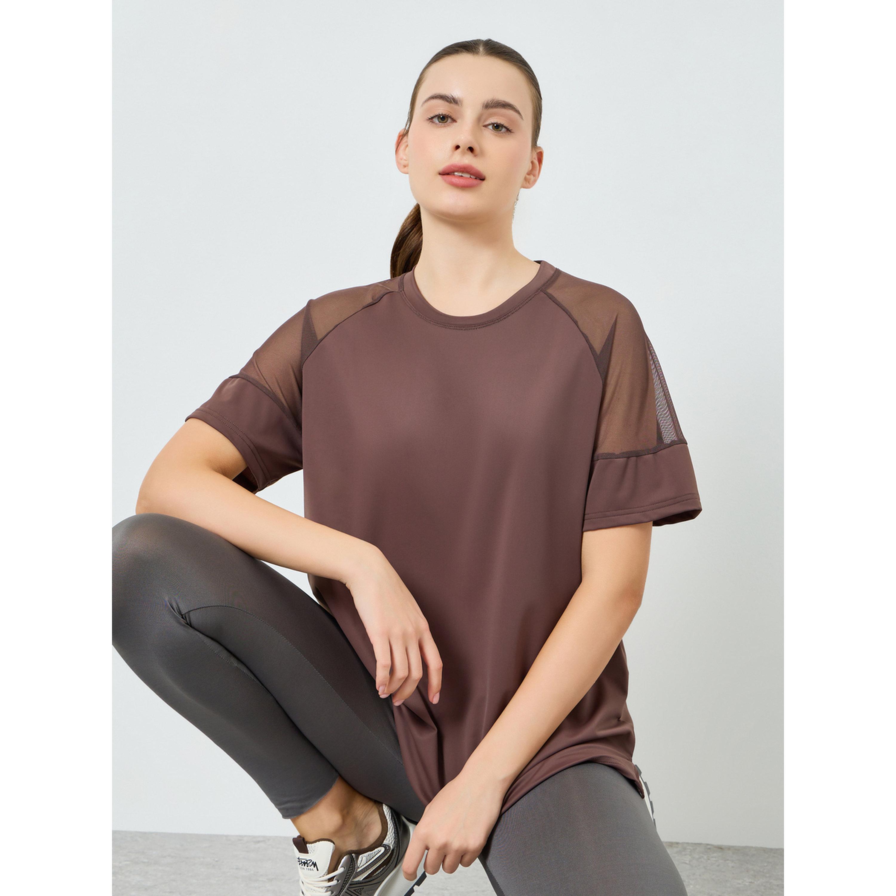 Styli Women Brown Shoulder Mesh Panel Yoga Top-women-clothing-tshirts-image-3