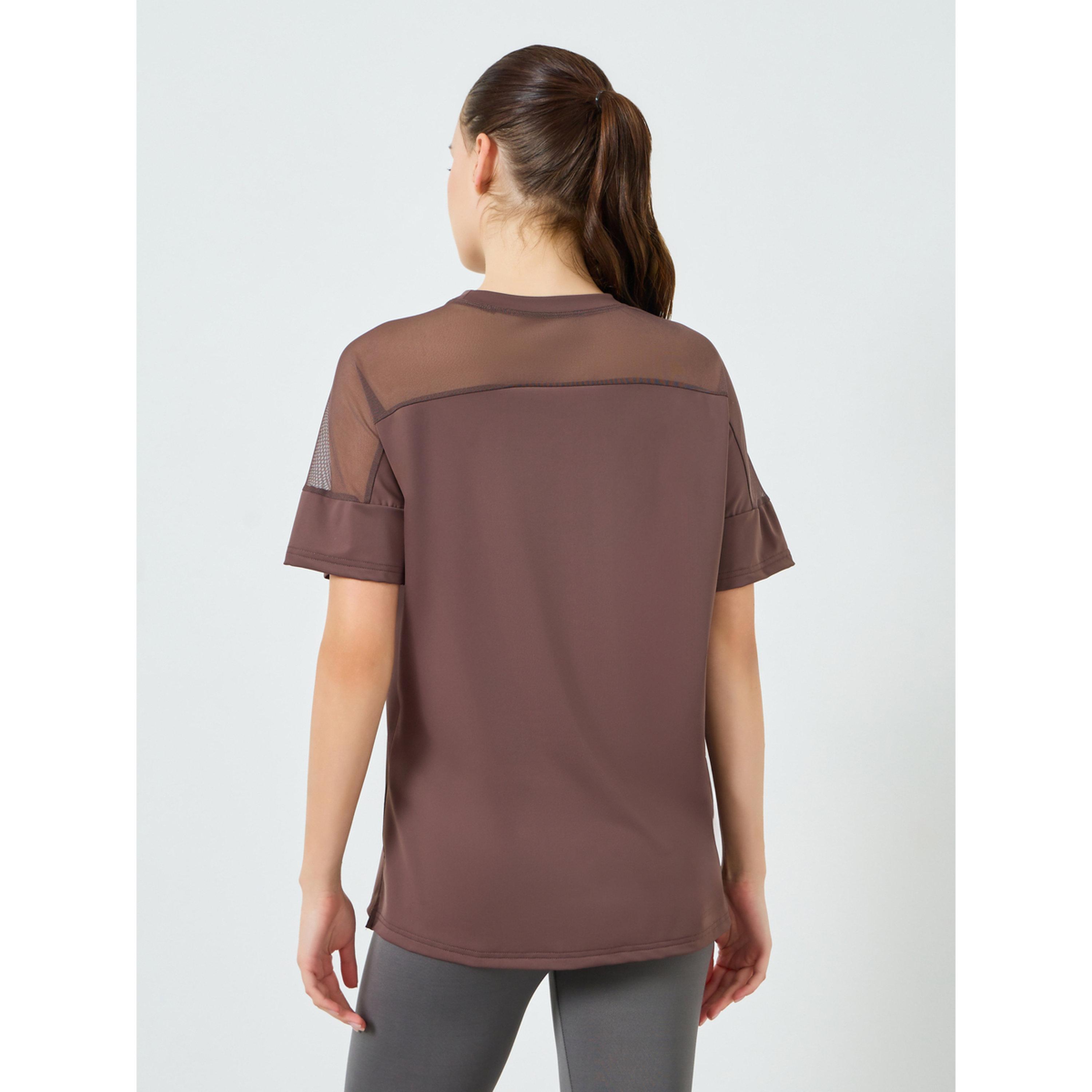 Styli Women Brown Shoulder Mesh Panel Yoga Top-women-clothing-tshirts-image-4