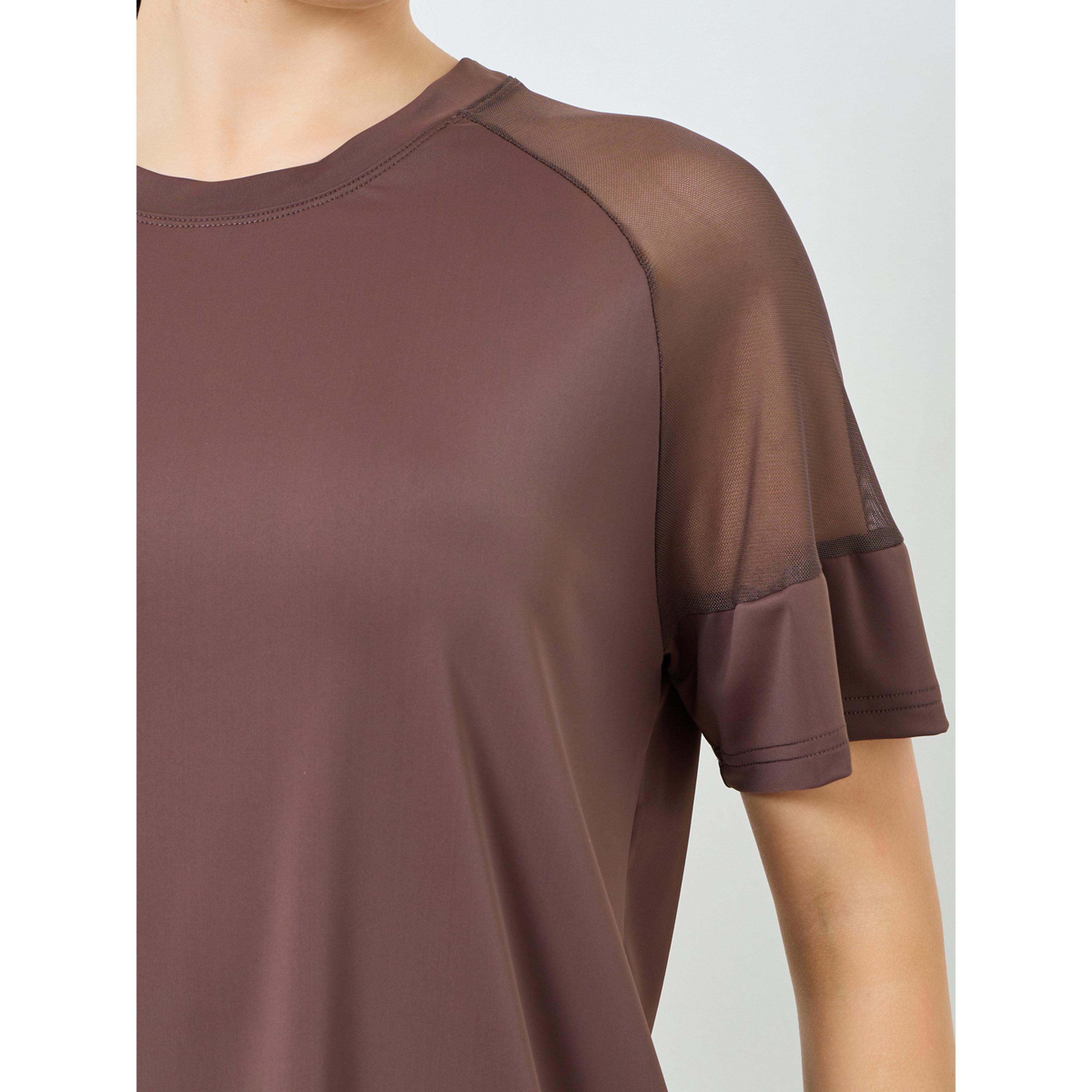 Styli Women Brown Shoulder Mesh Panel Yoga Top-women-clothing-tshirts-image-5