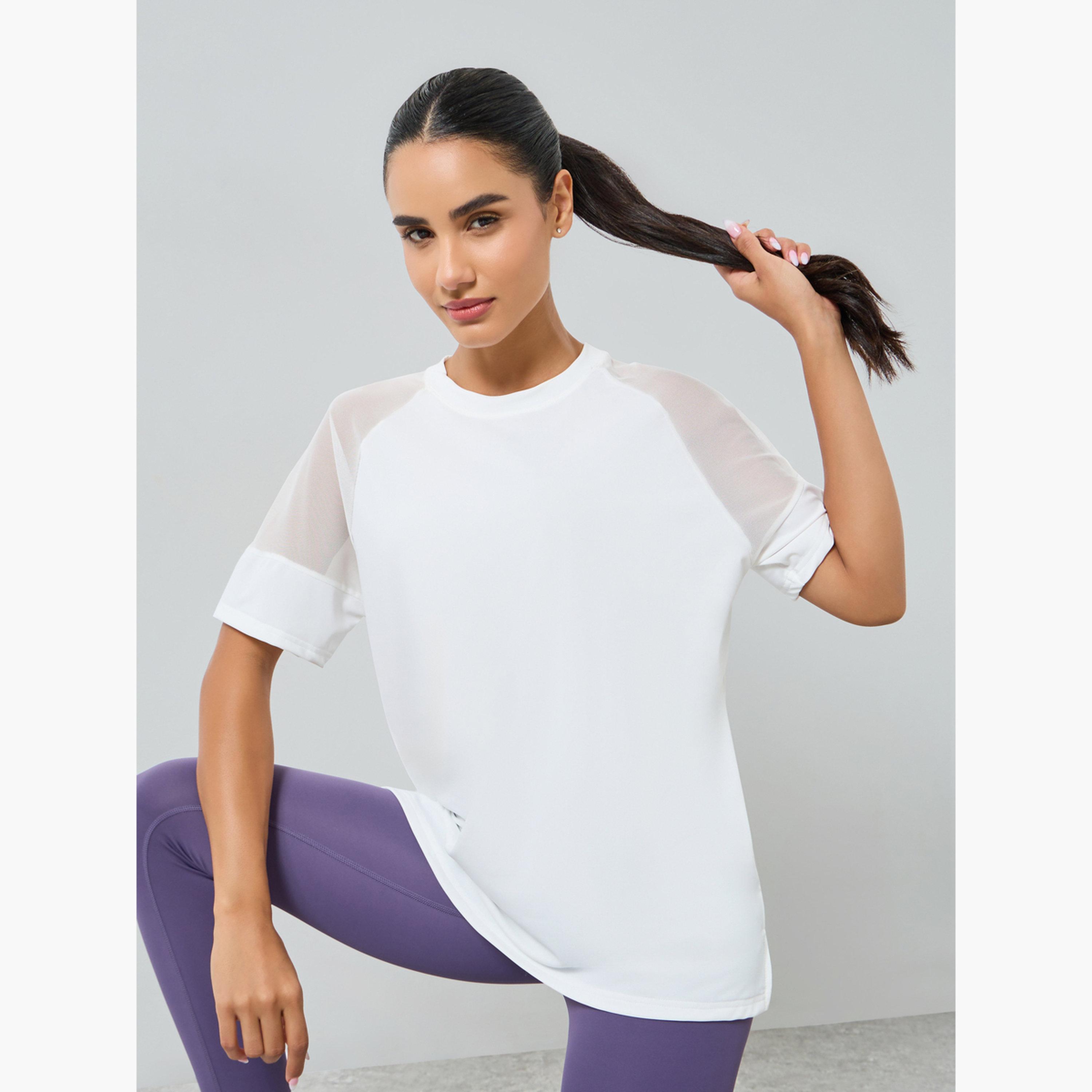 Styli Women White Shoulder Mesh Panel Top-women-clothing-tshirts-image-2