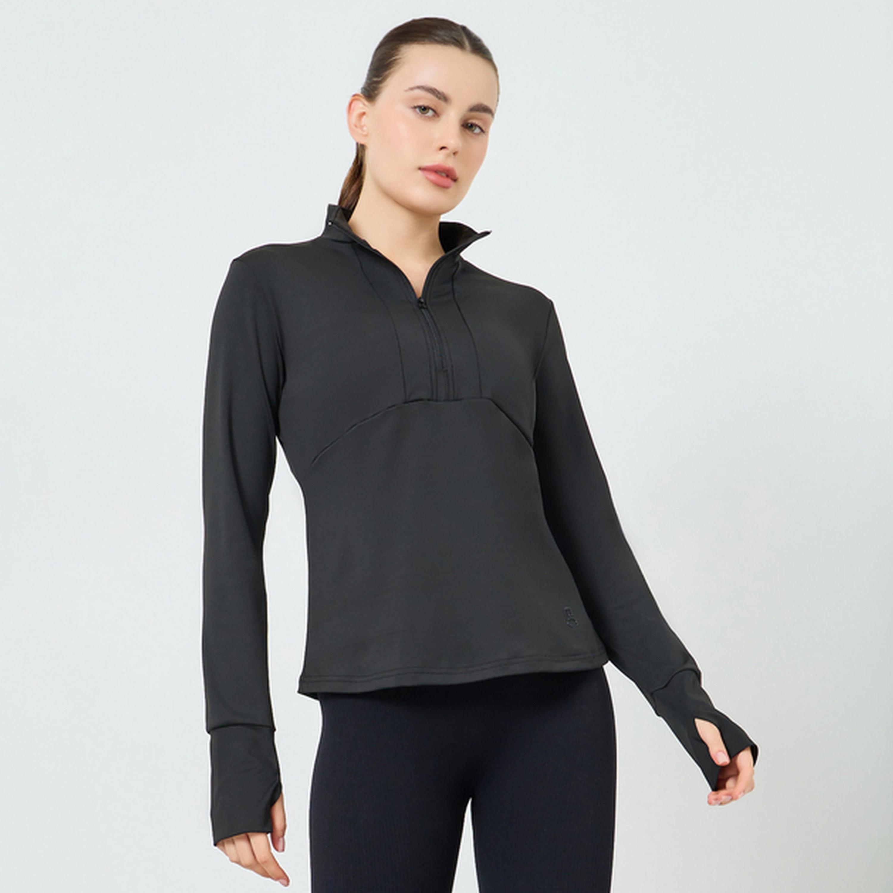 بلوزة بأكمام طويلة وسحاب جزئي وشعار مطاطي-women-clothing-tshirts-image-1