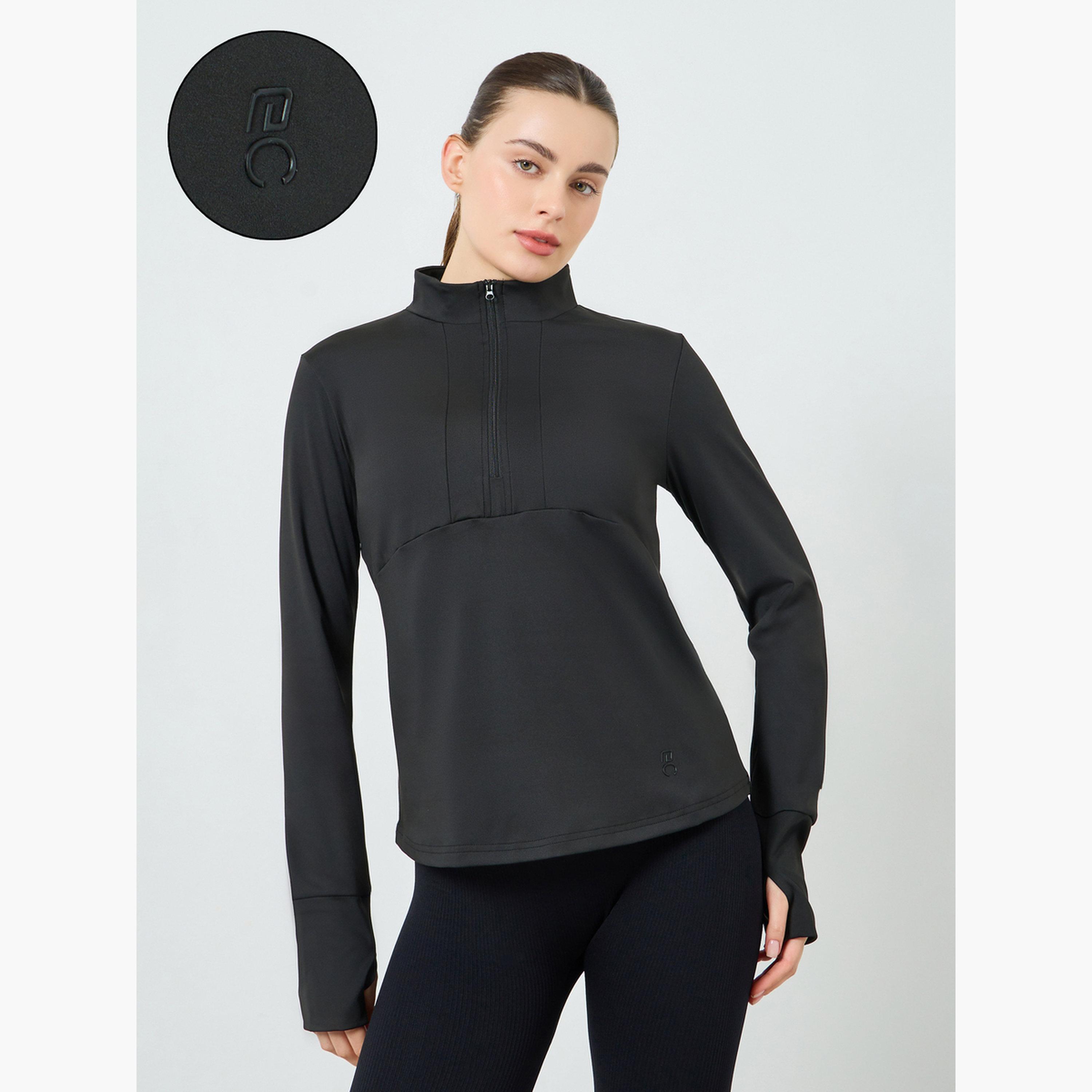 بلوزة بأكمام طويلة وسحاب جزئي وشعار مطاطي-women-clothing-tshirts-image-3