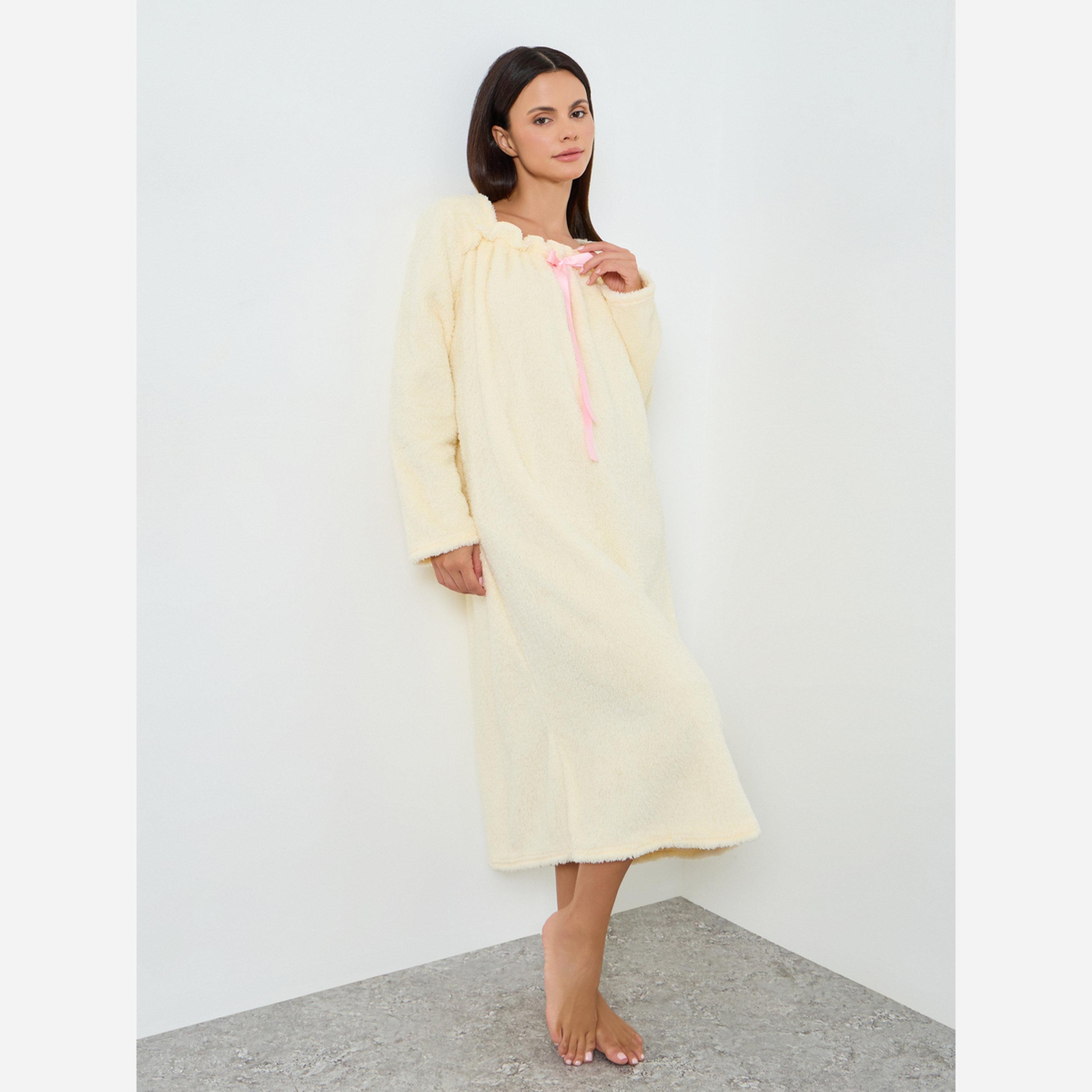 Styli Off White Fleece Lace Front Nightdress-women-clothing-nightwear-nighties-image-1