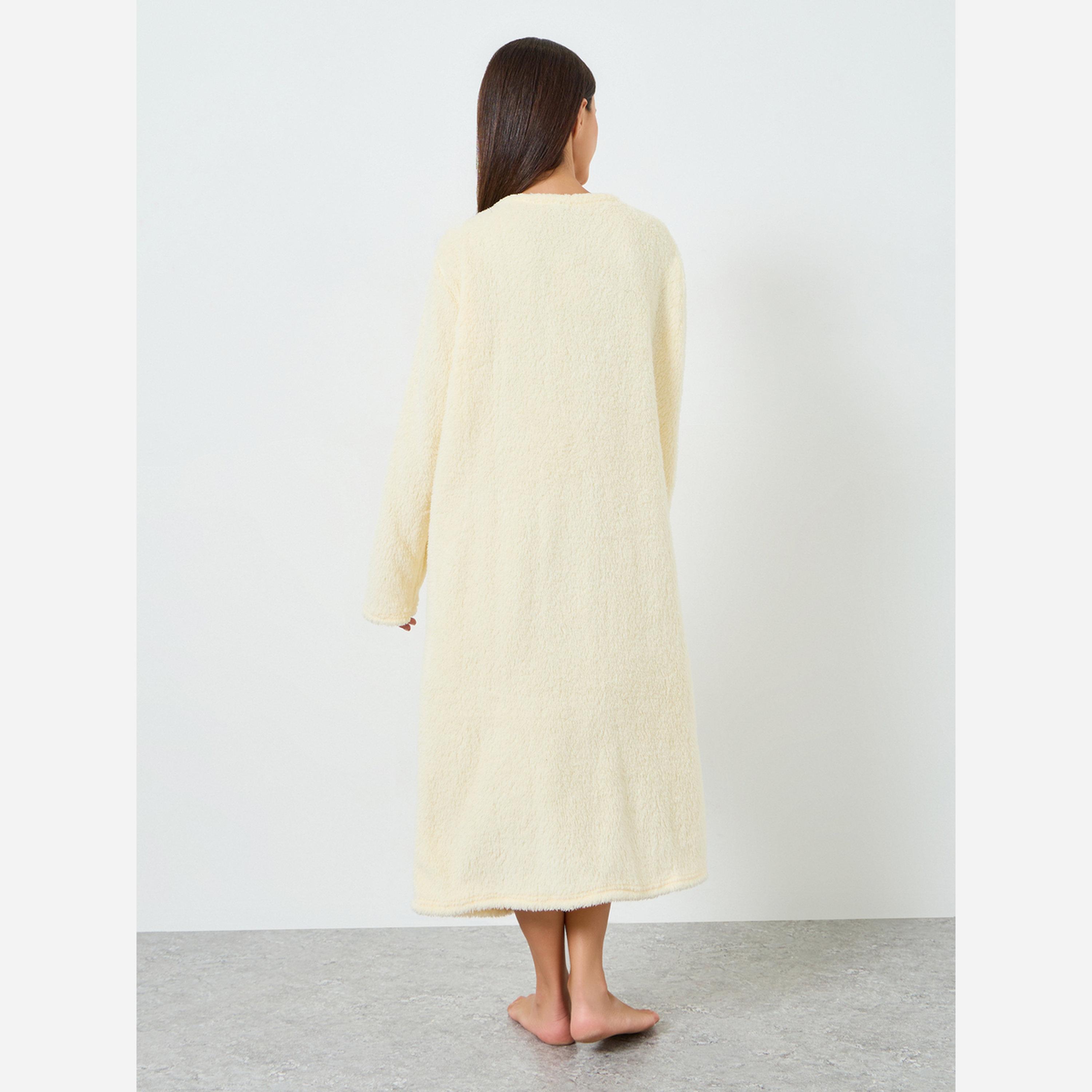 Styli Off White Fleece Lace Front Nightdress-women-clothing-nightwear-nighties-image-4