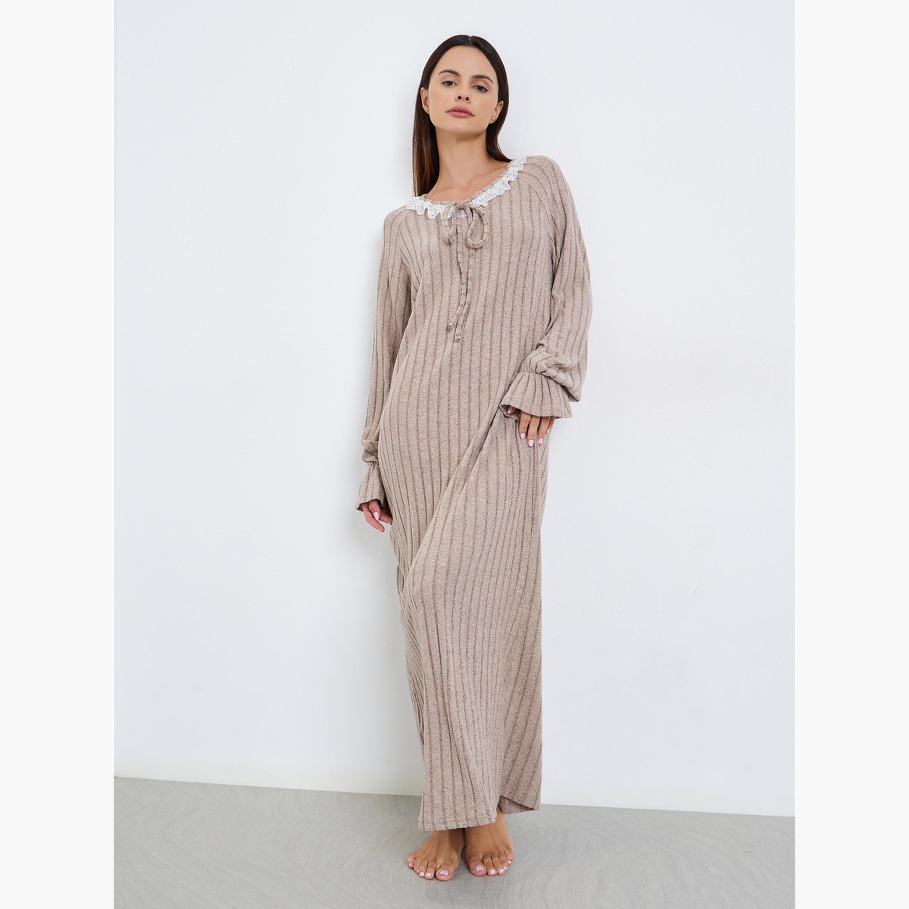 Styli Lace Neck Detail Rib Nightdress-women-clothing-nightwear-nighties-image-1
