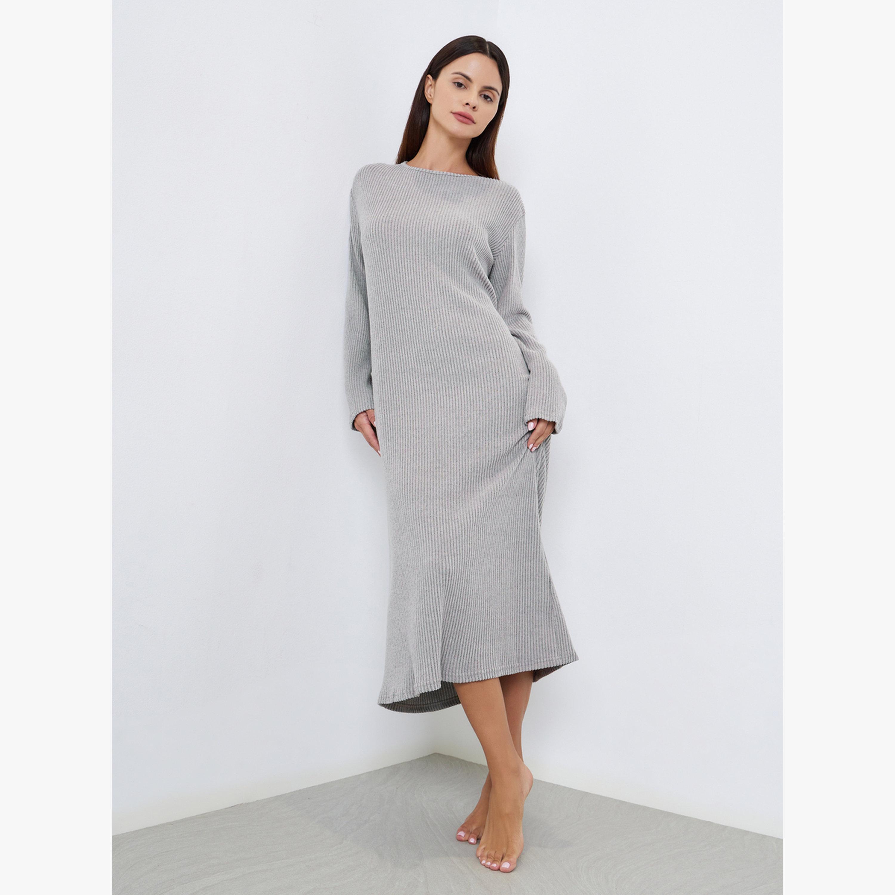 Styli Round Neck Rib Long Sleeve Sleep T-Shirt Dress-women-clothing-nightwear-nighties-image-1