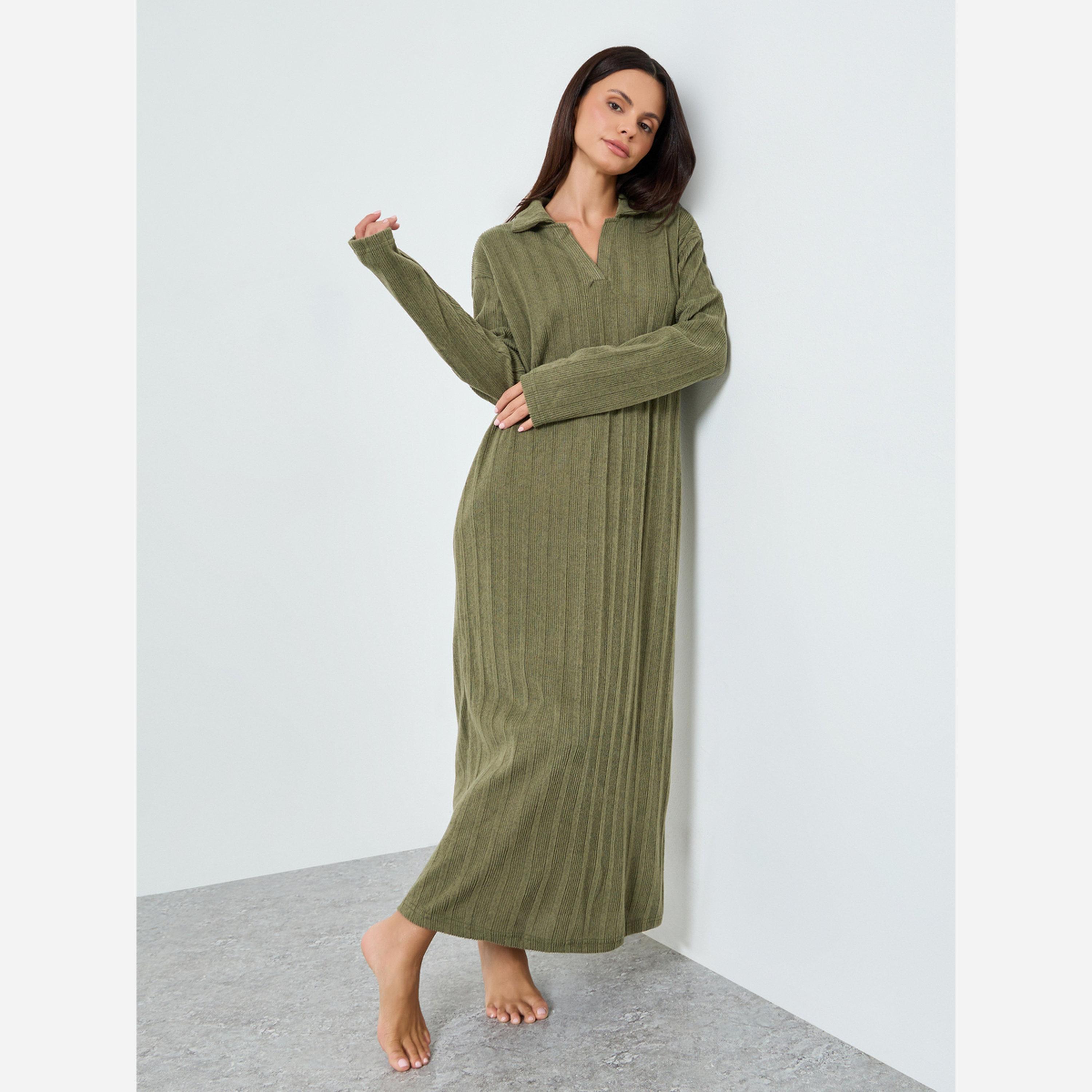 ستايلي - فستان نوم أكمام طويلة مضلعة لون كاكي-women-clothing-nightwear-nighties-image-1