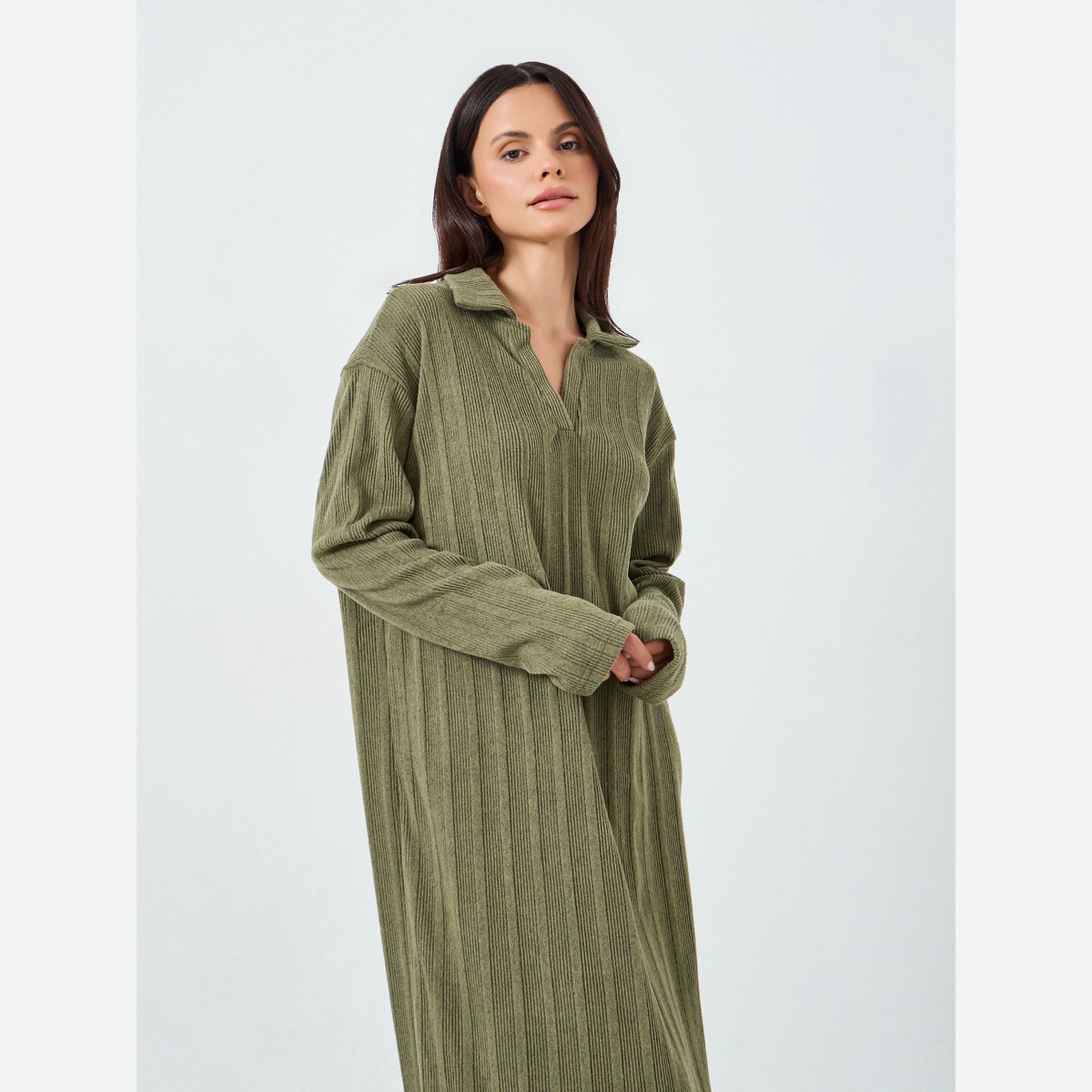 Styli Khaki Ribbed Long Sleeve Sleep T-Shirt Dress-women-clothing-nightwear-nighties-image-2