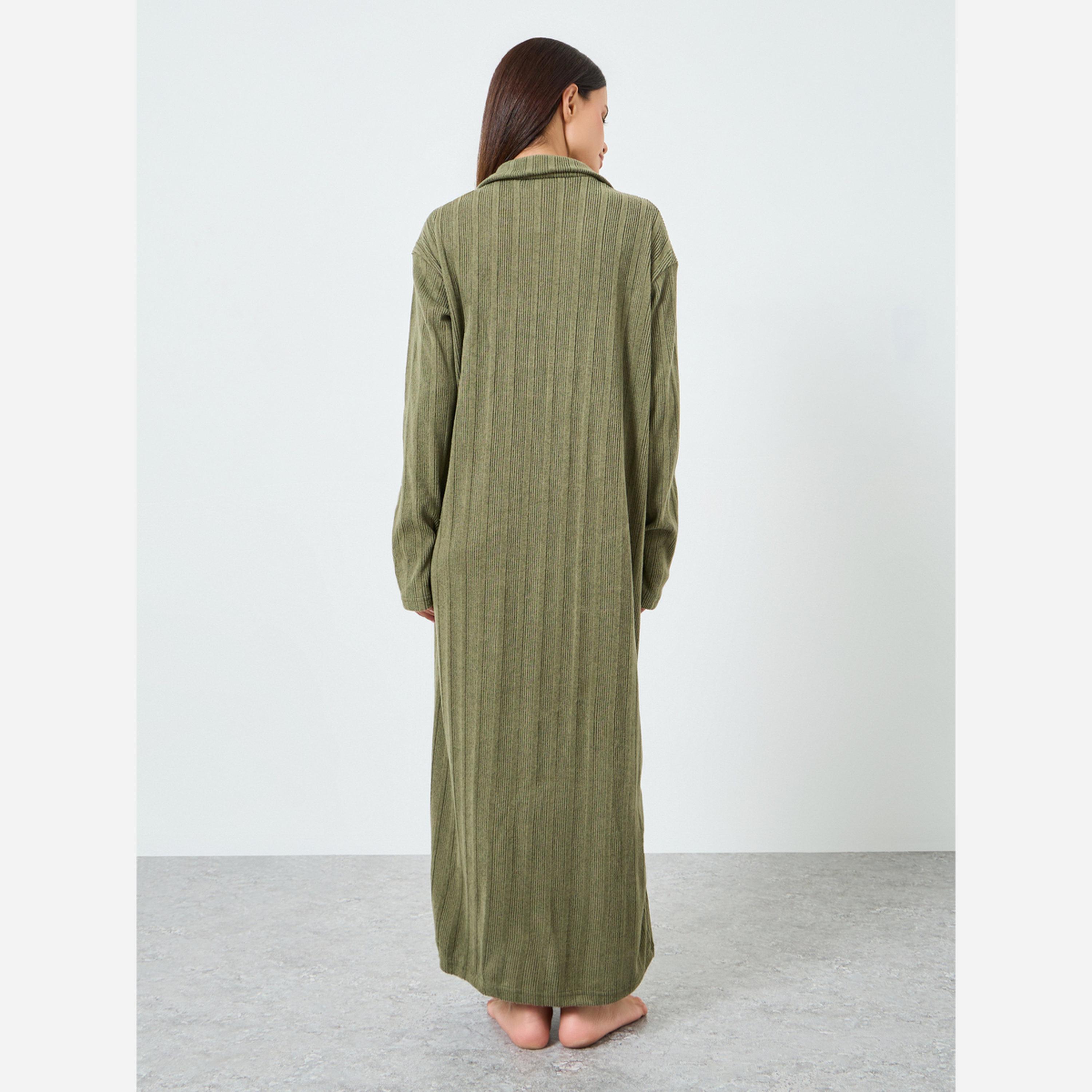 Styli Khaki Ribbed Long Sleeve Sleep T-Shirt Dress-women-clothing-nightwear-nighties-image-4