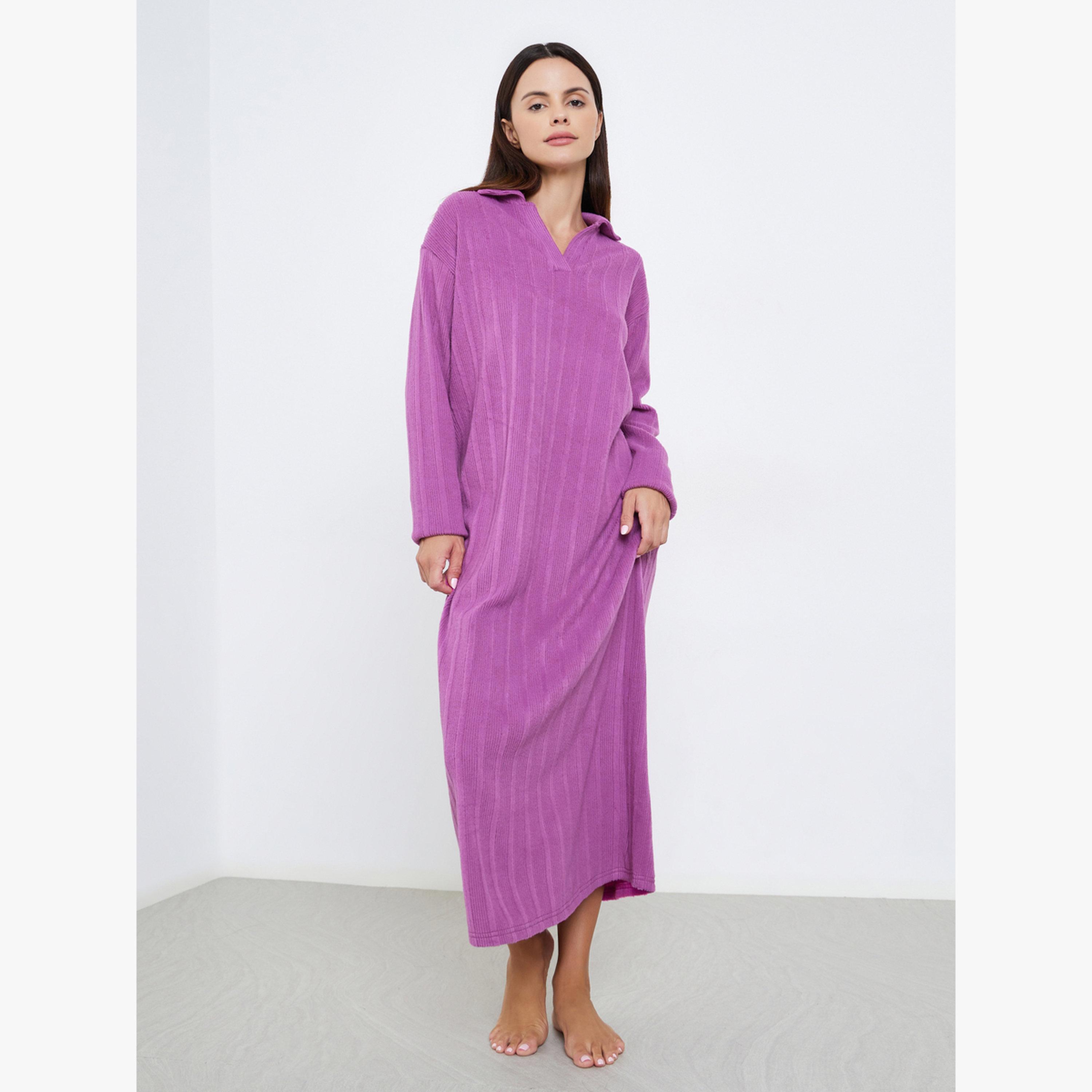 Styli Ribbed Long Sleeve Sleep T-Shirt Dress-women-clothing-nightwear-nighties-image-1