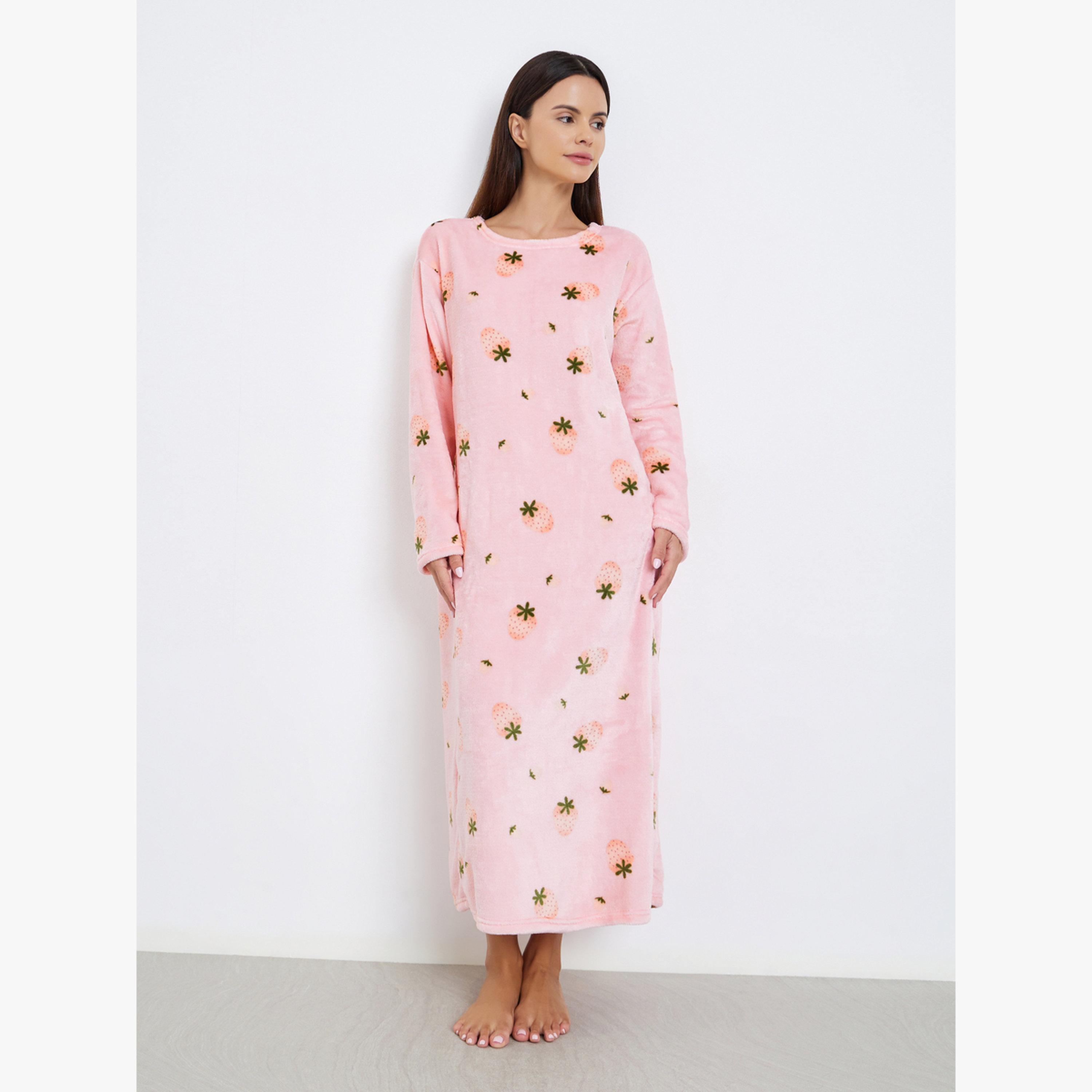 Styli Strawberry Print Polar Fleece Nightdress-women-clothing-nightwear-nighties-image-1
