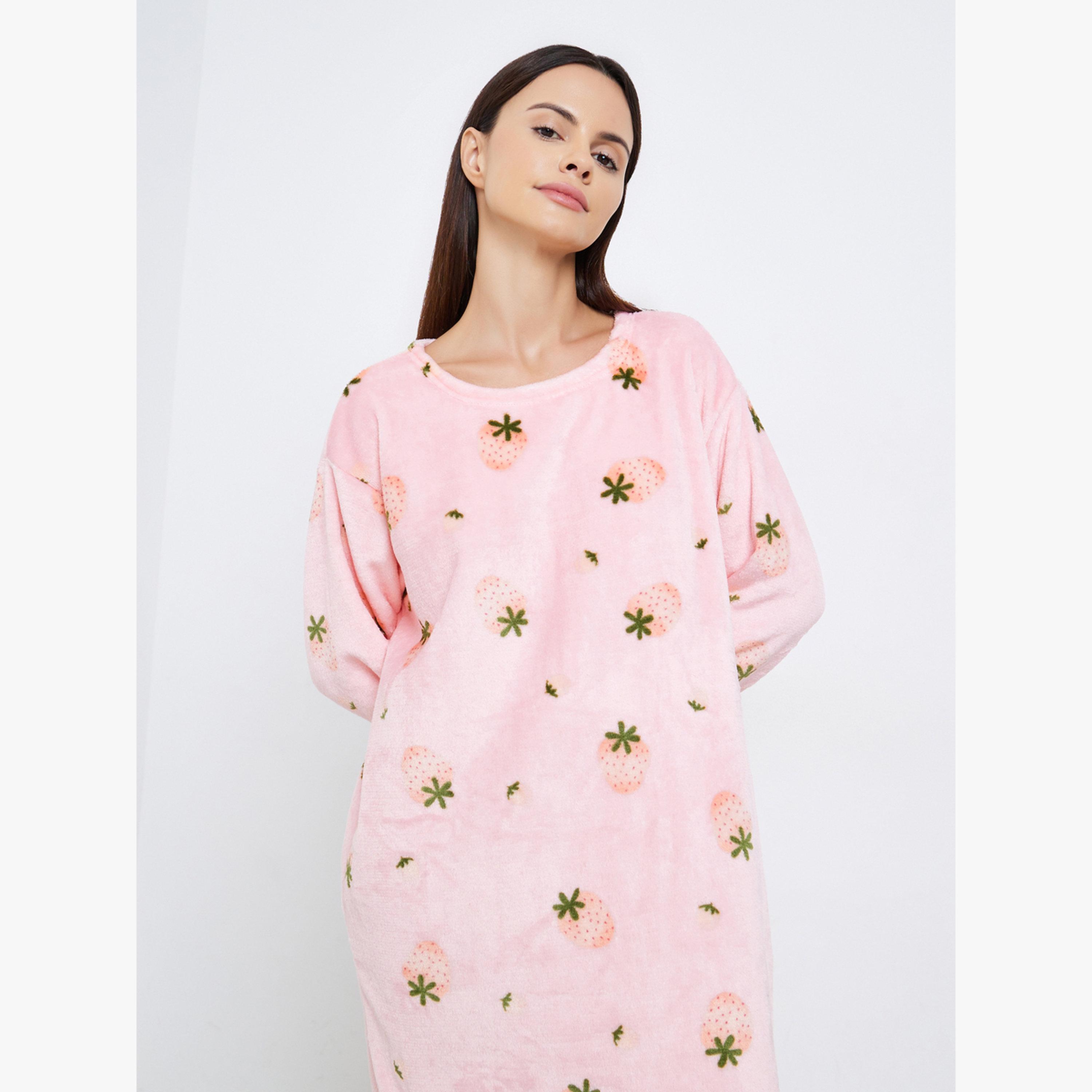Styli Strawberry Print Polar Fleece Nightdress-women-clothing-nightwear-nighties-image-2