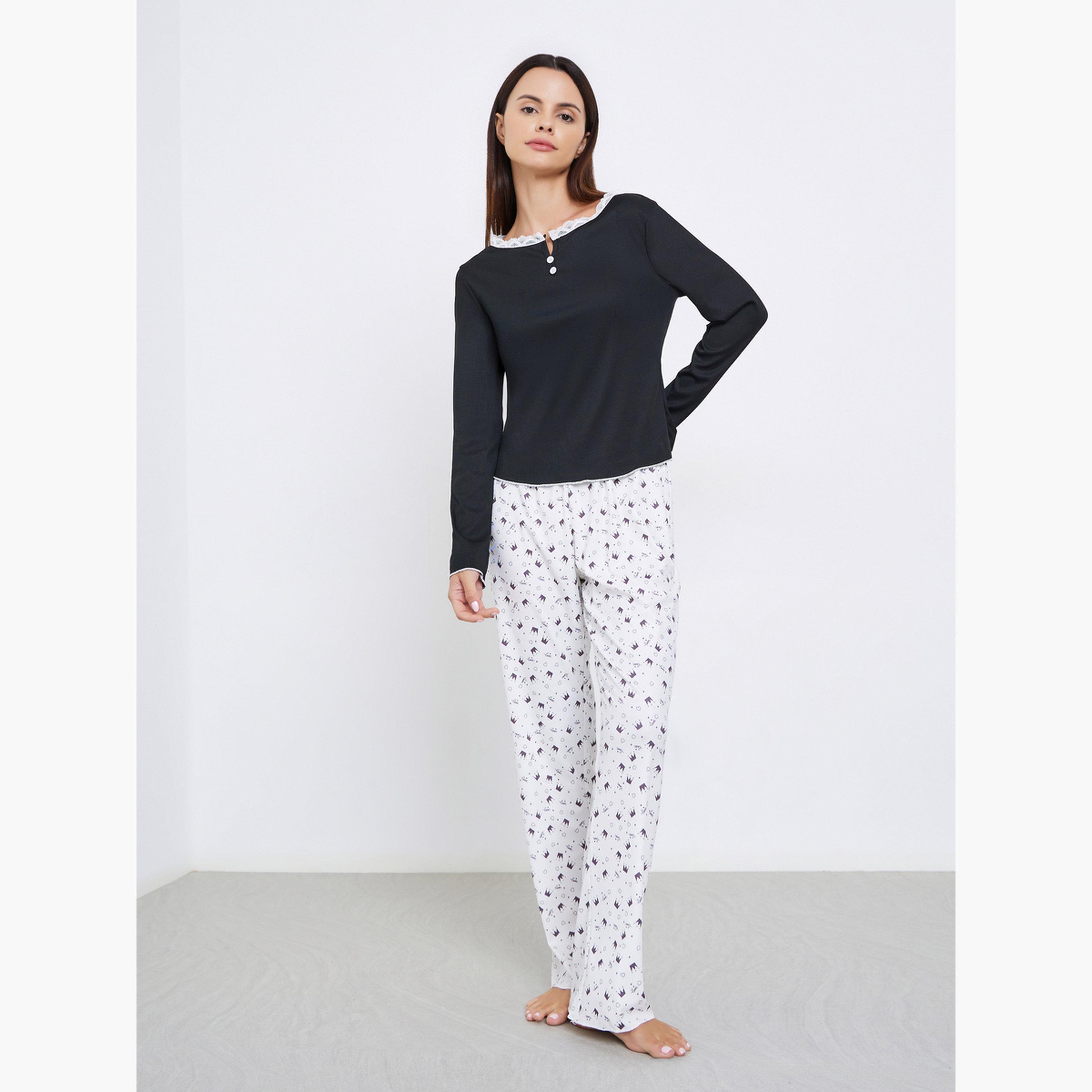 Styli Lace Trim T-Shirt and Printed Pyjama Set-women-clothing-nightwear-pyjamas-longsets-image-1