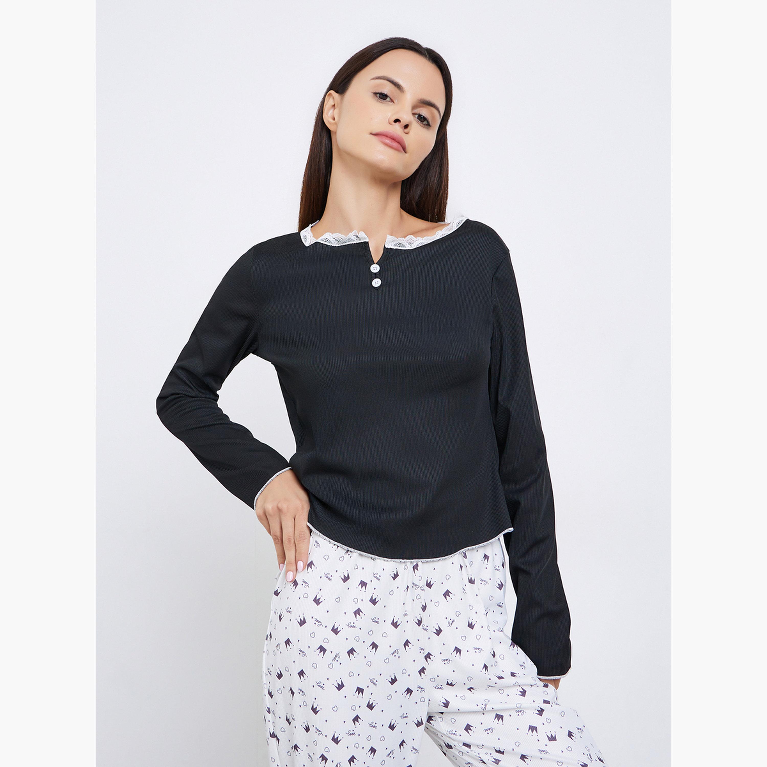 Styli Lace Trim T-Shirt and Printed Pyjama Set-women-clothing-nightwear-pyjamas-longsets-image-3