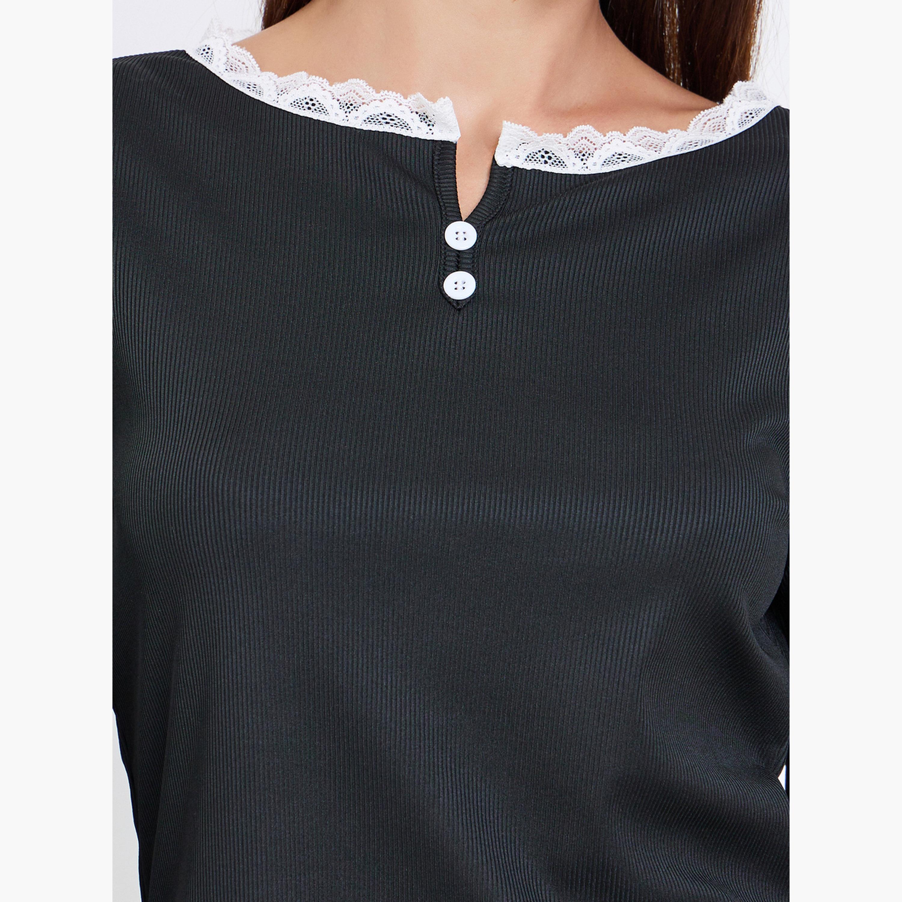 Styli Lace Trim T-Shirt and Printed Pyjama Set-women-clothing-nightwear-pyjamas-longsets-image-4