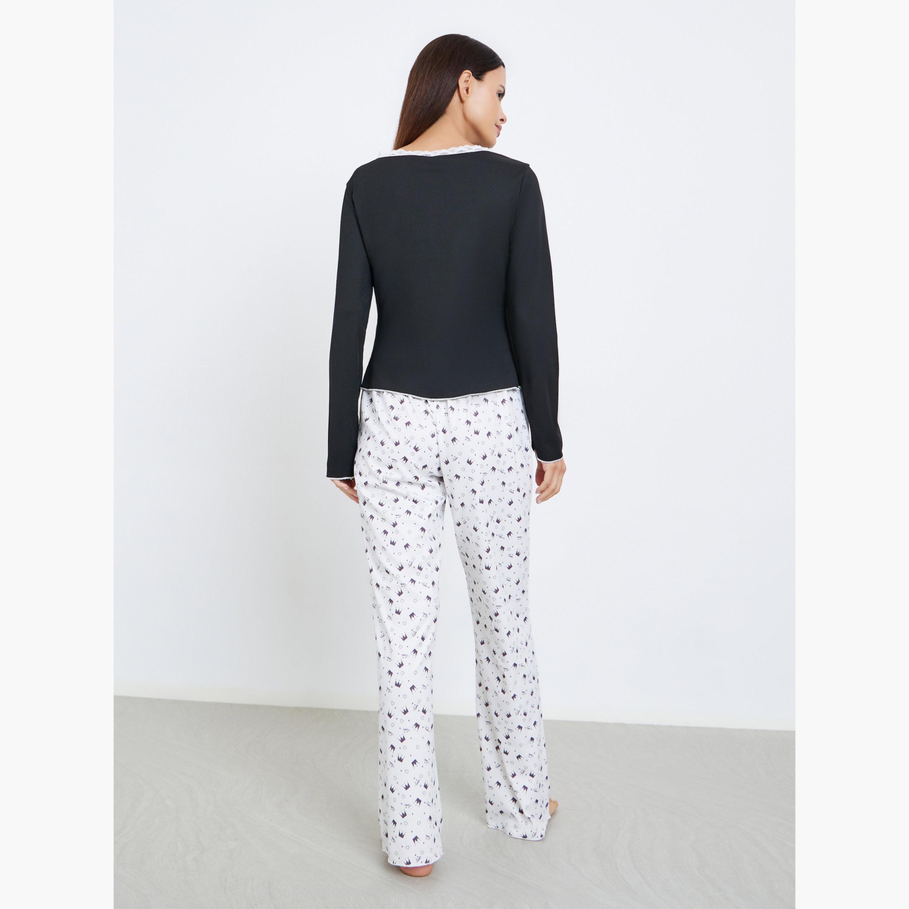 Styli Lace Trim T-Shirt and Printed Pyjama Set-women-clothing-nightwear-pyjamas-longsets-image-6