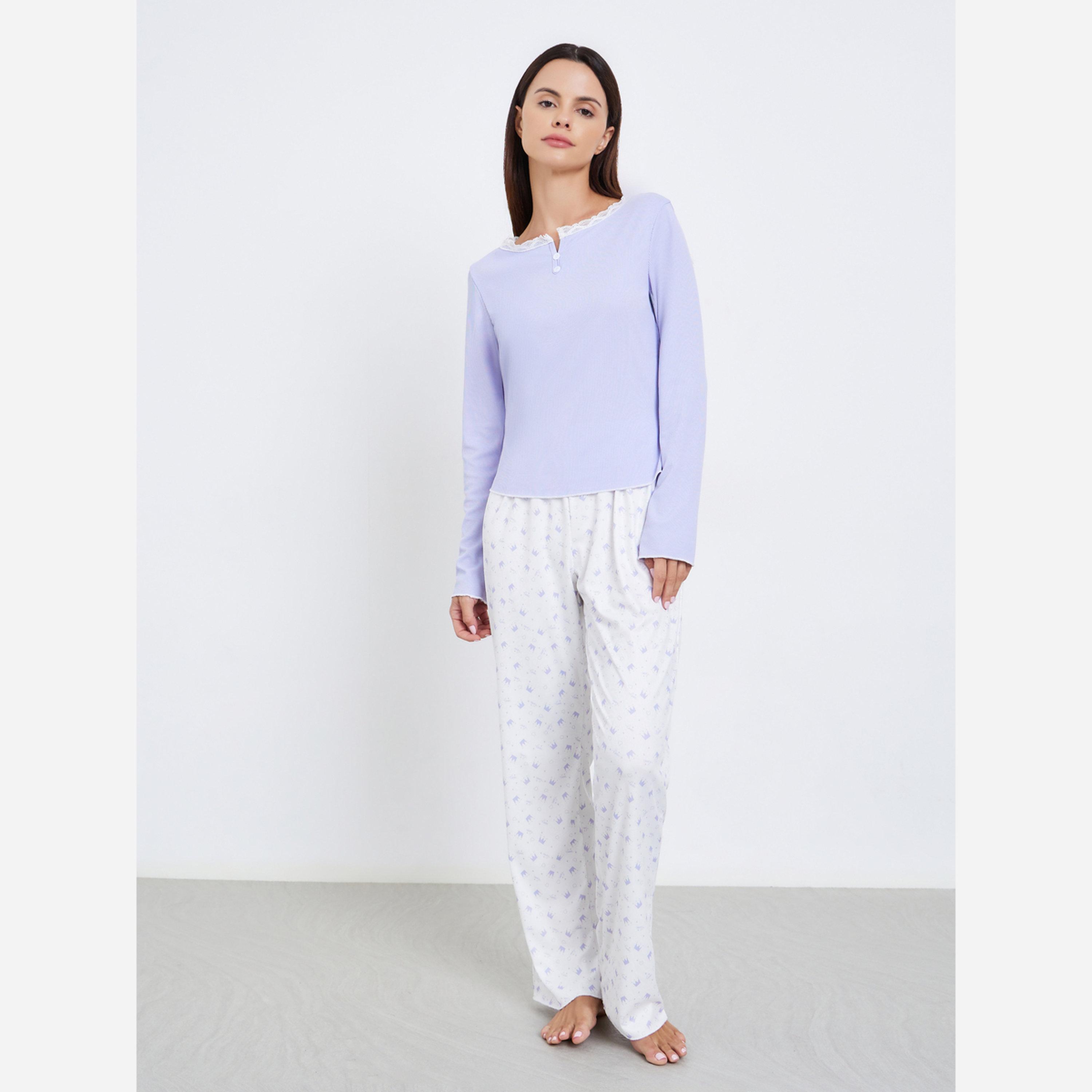 Styli Lace Trim T-Shirt and Printed Pyjama Set-women-clothing-nightwear-pyjamas-longsets-image-1